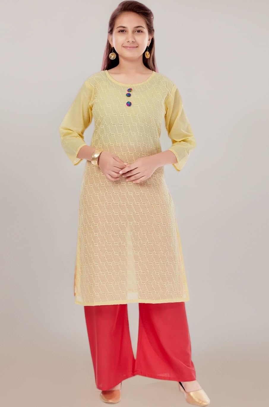 Aarika Girls Casual Wear Yellow Colour Embroidery Cotton Kurti