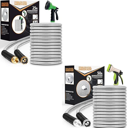Manguera de jardín de metal de 25 pies + 50 pies, manguera de agua resistente de acero inoxidable con boquilla de 10 funciones, flexible, ligera,