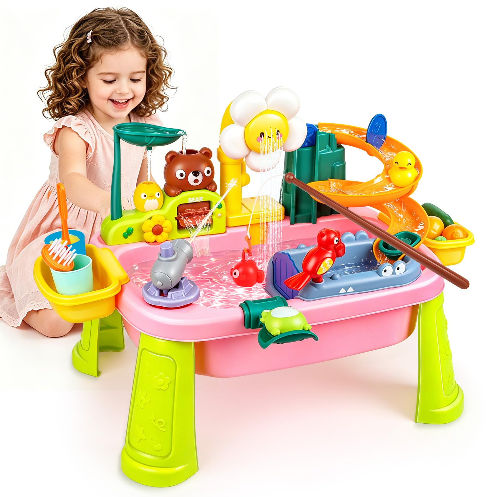 Kinder Spülbecken, Kinderwaschbecken mit Wasserkreislauf, Waschbecken Kinder mit Wasserfunktion, Wasserspieltisch mit Elektrischem Wasserhahn Obst Gemüse und Angelspielzeug ab 3 Jahre (Rosa)