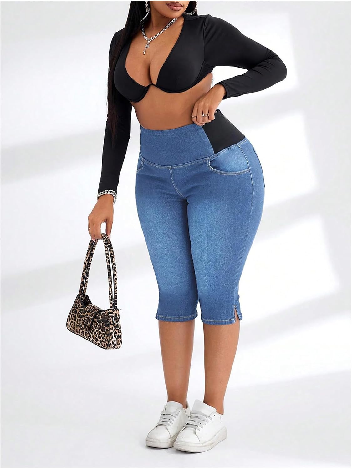 Verdusa Women's Plus Size Capris Jeans High Waisted Stretchy Capri Pants with Pockets