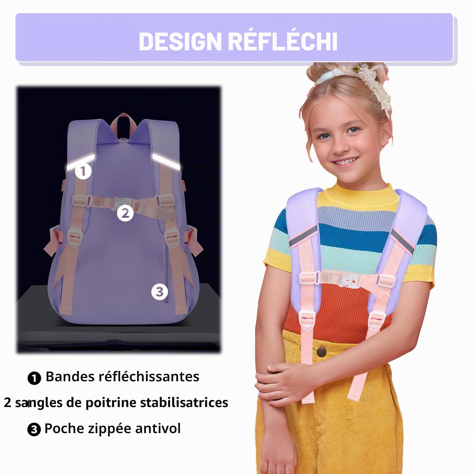 Amythe Cartable Filles Primaire CE1-CM2 Léger Sangle de Poitrine Violet