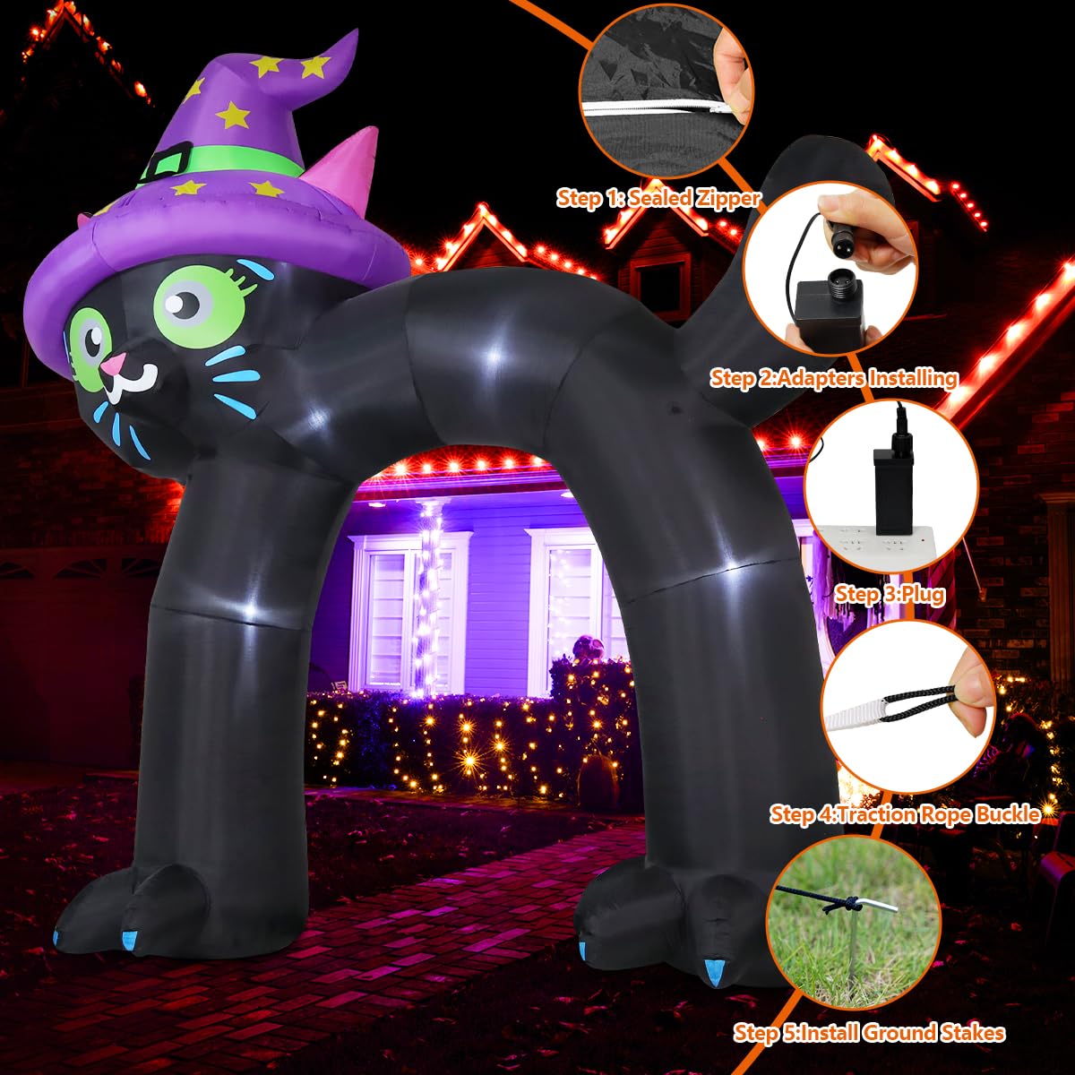 COMIN Halloween nadmuchiwane dekoracje na zewnątrz czarny kot łuk wysadzany podwórko dekoracja z wbudowaną diodą LED na podwórko ogród imprezę trawnik