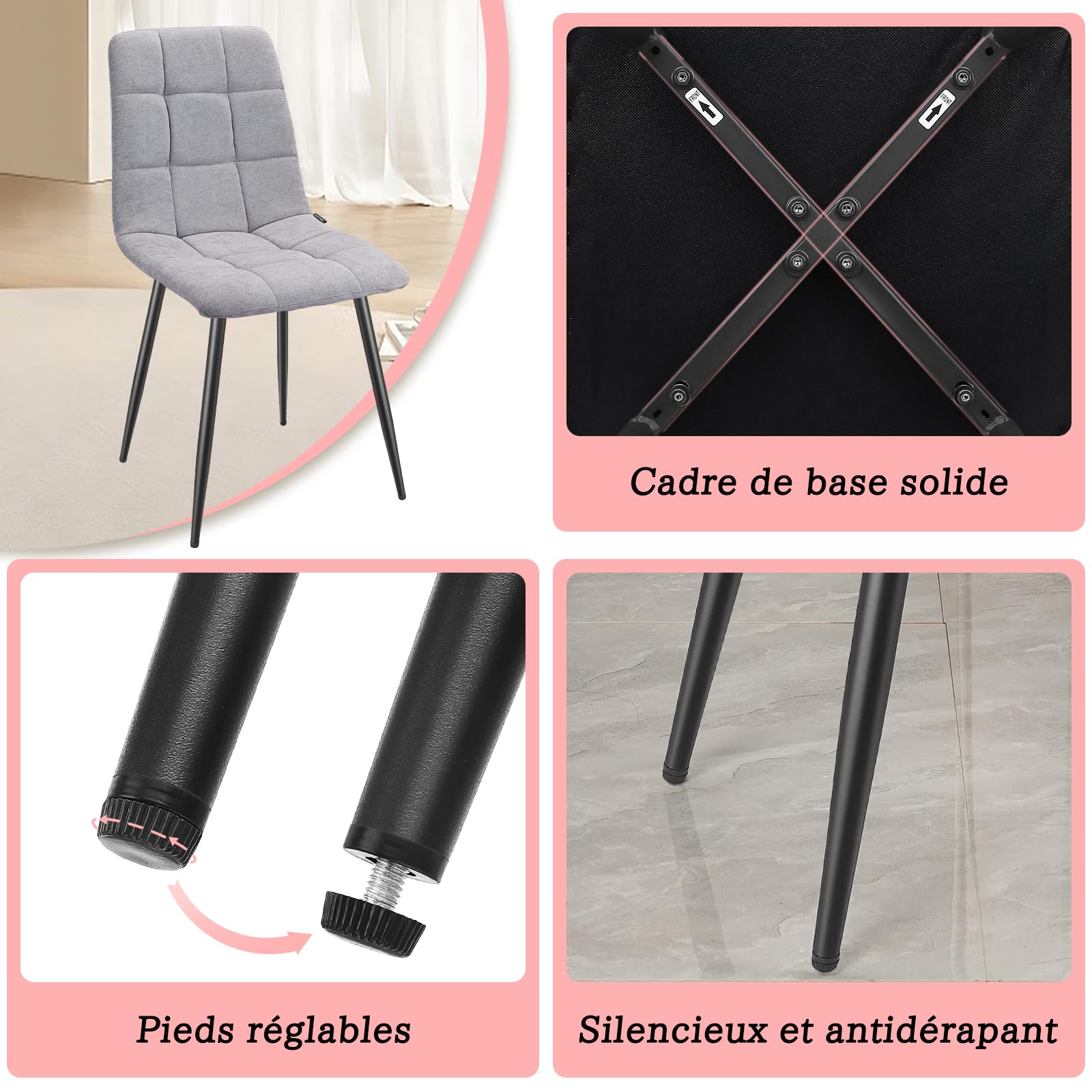 WAFTING Lot de 6 Chaises de Salle à Manger, Chaises Rembourrées avec Dossier Haut, Chaises de Cuisine Carré avec Base en Métal, pour la Salle à Manger, Salon, Cuisine et Réception, Gris