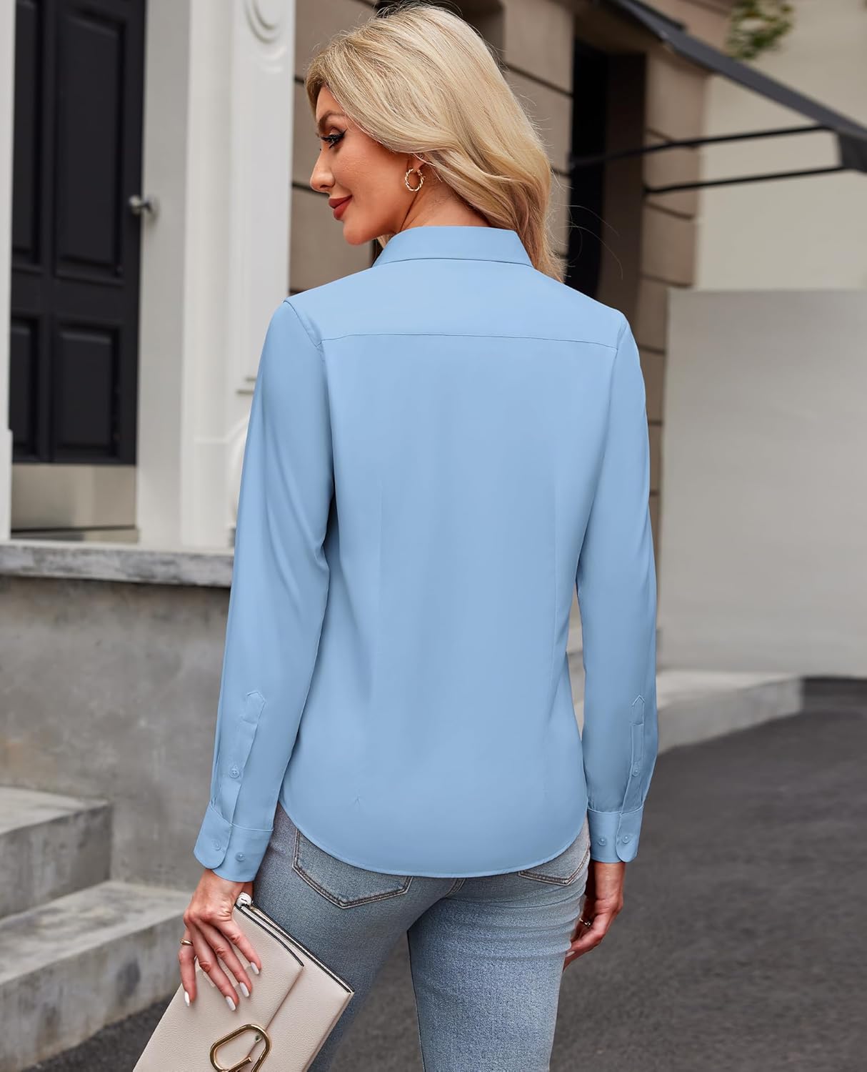 Button Down Shirts for Women Wrinkle Free Long Sleeve Dress Shirts Women Casual Collar V Neck Solid Fitted Tops - Image 3