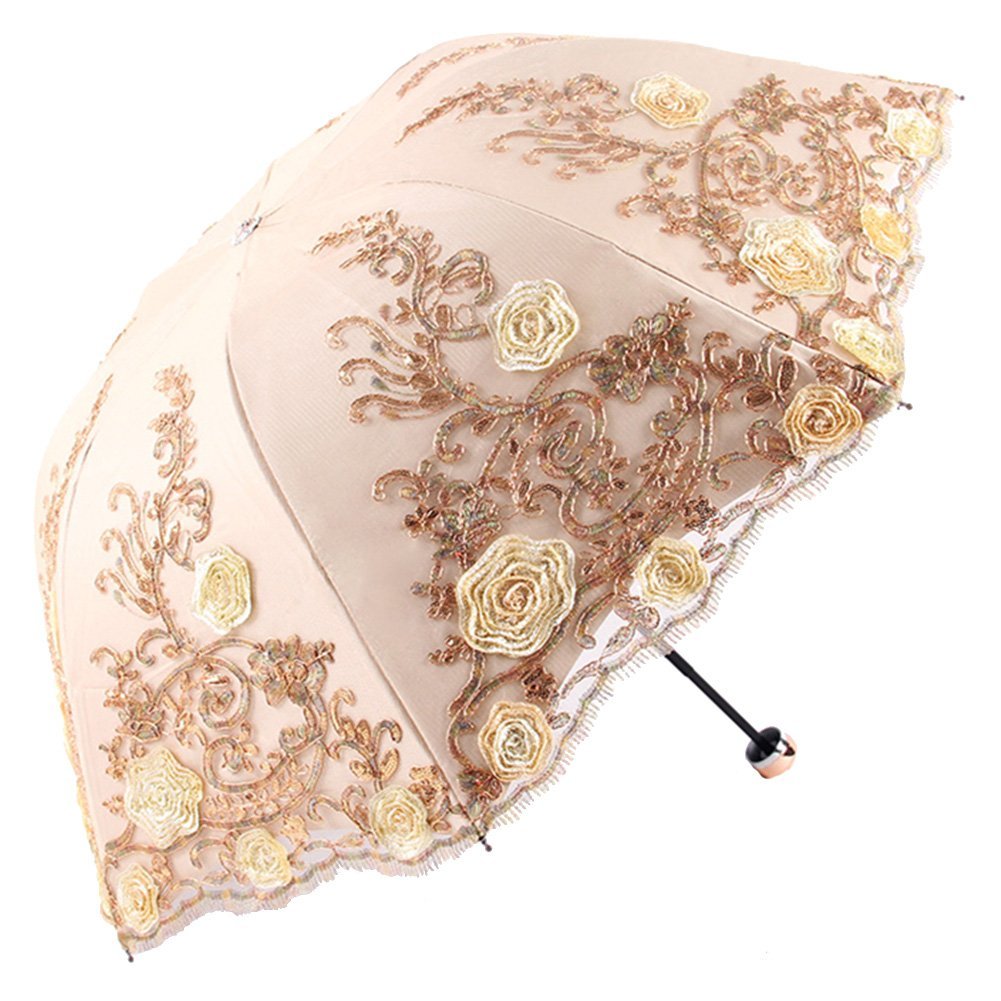 Honeystore Vintage Lace UV Sun Parasol Folding 3D Flower Embroidery Umbrella