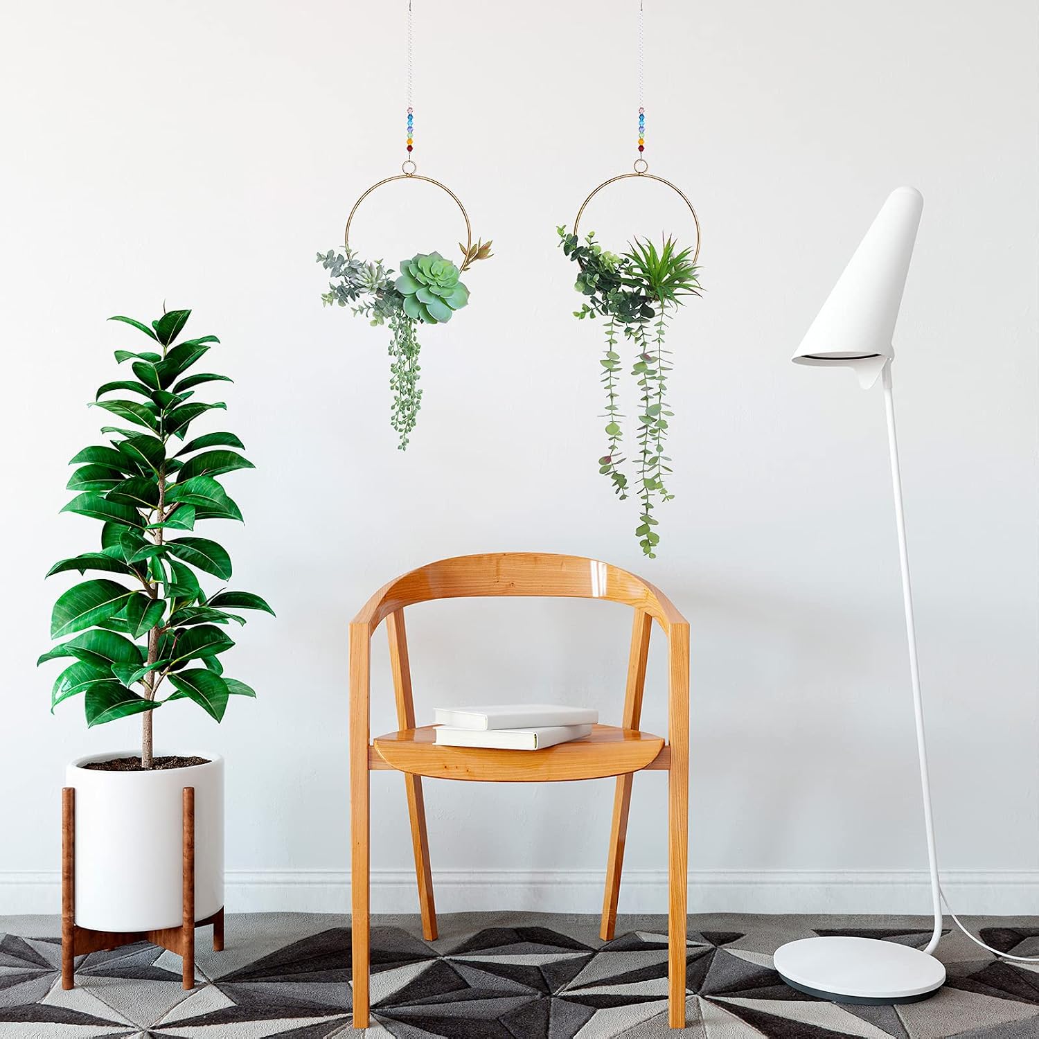 Artificial Succulents Wreath Set of 2 Hanging Gold Geometric Garland Greenery Wall Decor Backdrop Free Beads Chain