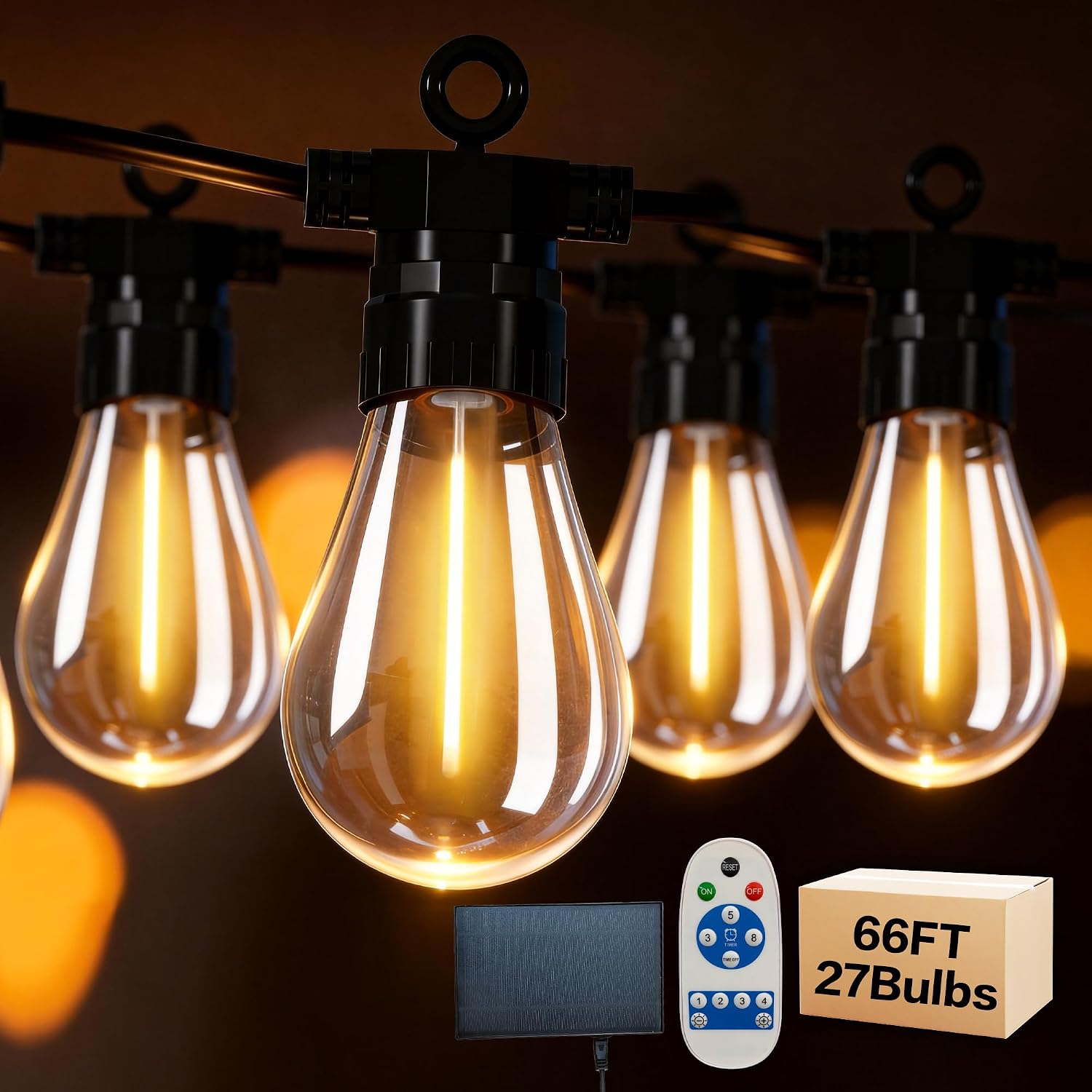 Solar Outdoor String Lights, 50FT 20 Bulbs IP65 Waterproof Patio Lights with Solar & USB-C Dual Charging, Remote Control with Timer, Edison LED String Lights for Garden, Yard, Party, Camping
