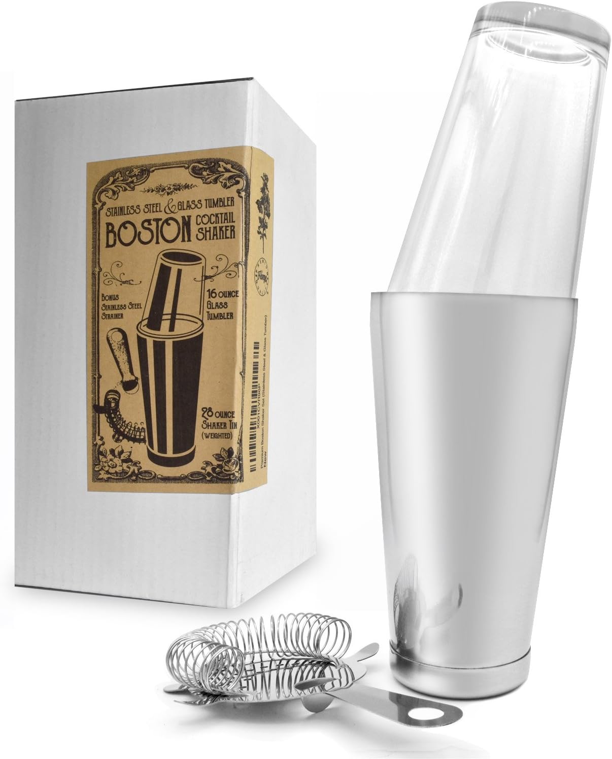 Premium Boston Cocktail Shaker Set, includes - 28 oz Weighted, Professional, 304 Food Grade, Stainless Steel, Bartender Shaker Tin, 16 oz Mixing Glass Tumbler and Hawthorne Strainer