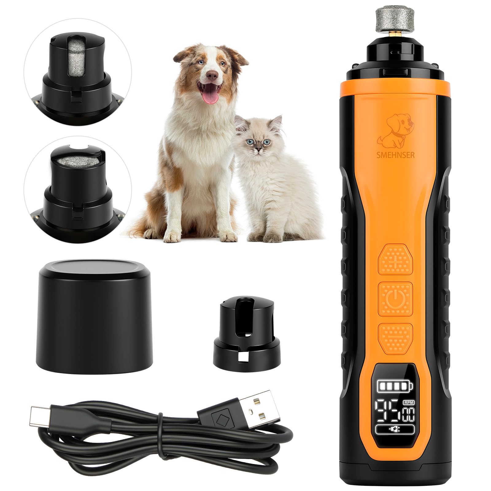 AUYAO Dog Nail Grinders Upgraded Super Silent Cat Claw Nail Clippers 3-Speed Electric Pet Electric Nail File Nail Scissors Nail Trimmer File with 2 LED Lights for Small to Large Dogs(Black Orange)