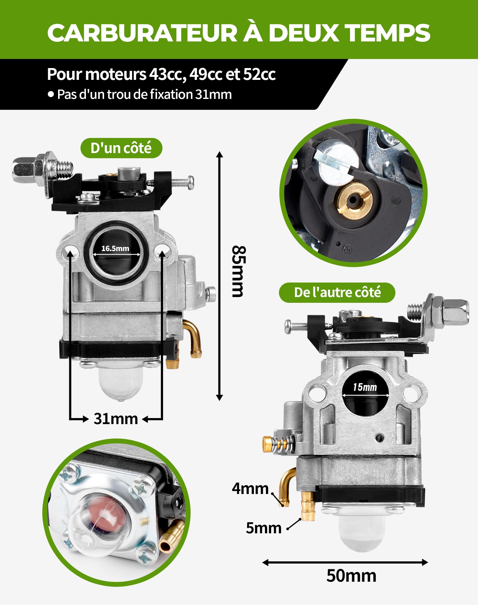 LUNEKUCK Carburateur Debroussailleuse 52cc 49cc 43cc Carburateur pour Moteur à Deux Temps Kit Carbu avec Bougie d'Allumage Durite Essence Joint Pompe Amorçage - 3
