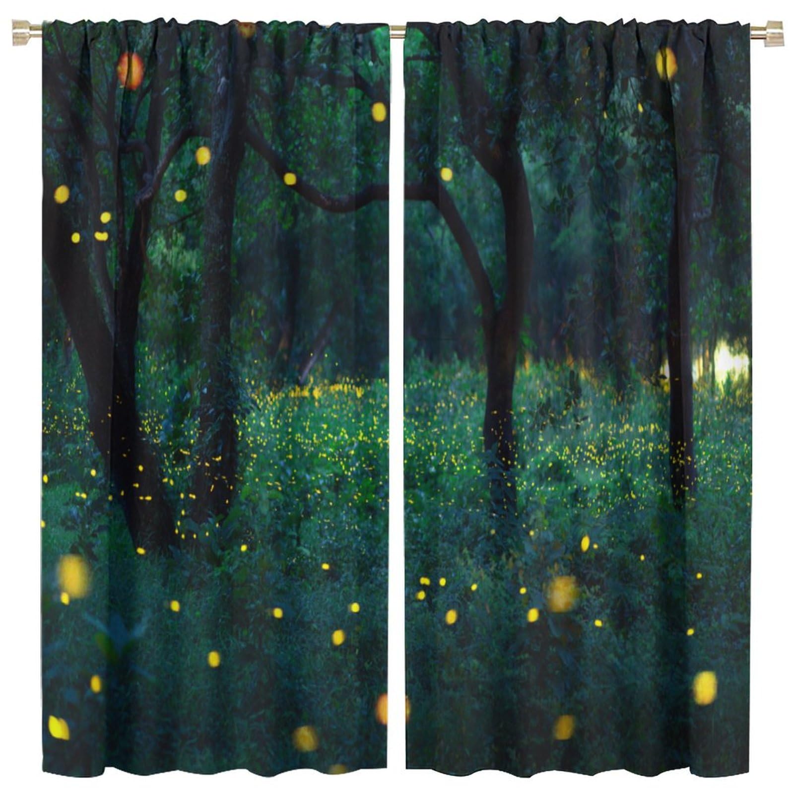 Firefly Blackout Window Curtain,Bokeh Light of Firefly Flying in Forest at Dusk for Children Room Bedroom Curtains Drapes 2 Panels 42x45 Inch