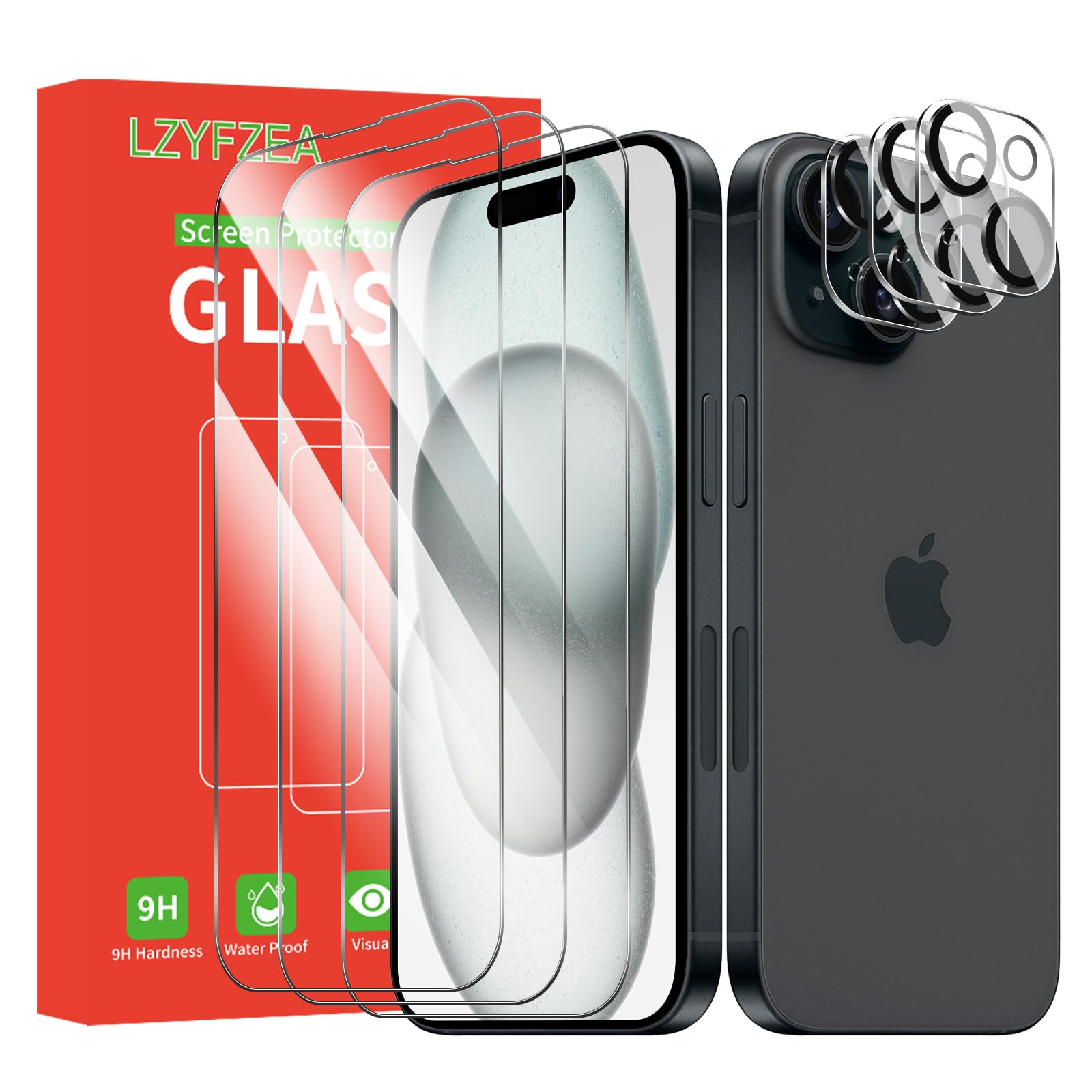 3+3 sztuki, folia ochronna ze szkła pancernego dla iPhone'a 15 z ochroną obiektywu kamery, HD folia ochronna na wyświetlacz, odporna na zarysowania, twardość 9H, bez pęcherzyków, kompatybilna