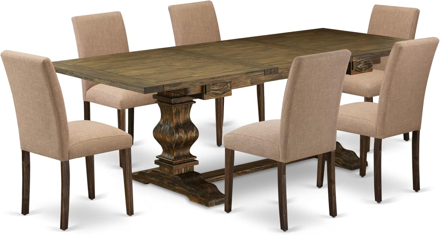 East West Furniture LAAB7-77-47 7 Piece Kitchen Table Set Consist of a Rectangle Dining Table with Removable Leaf and 6 Light Sable Linen Fabric Parsons Chairs, 42x92 Inch, Jacobean