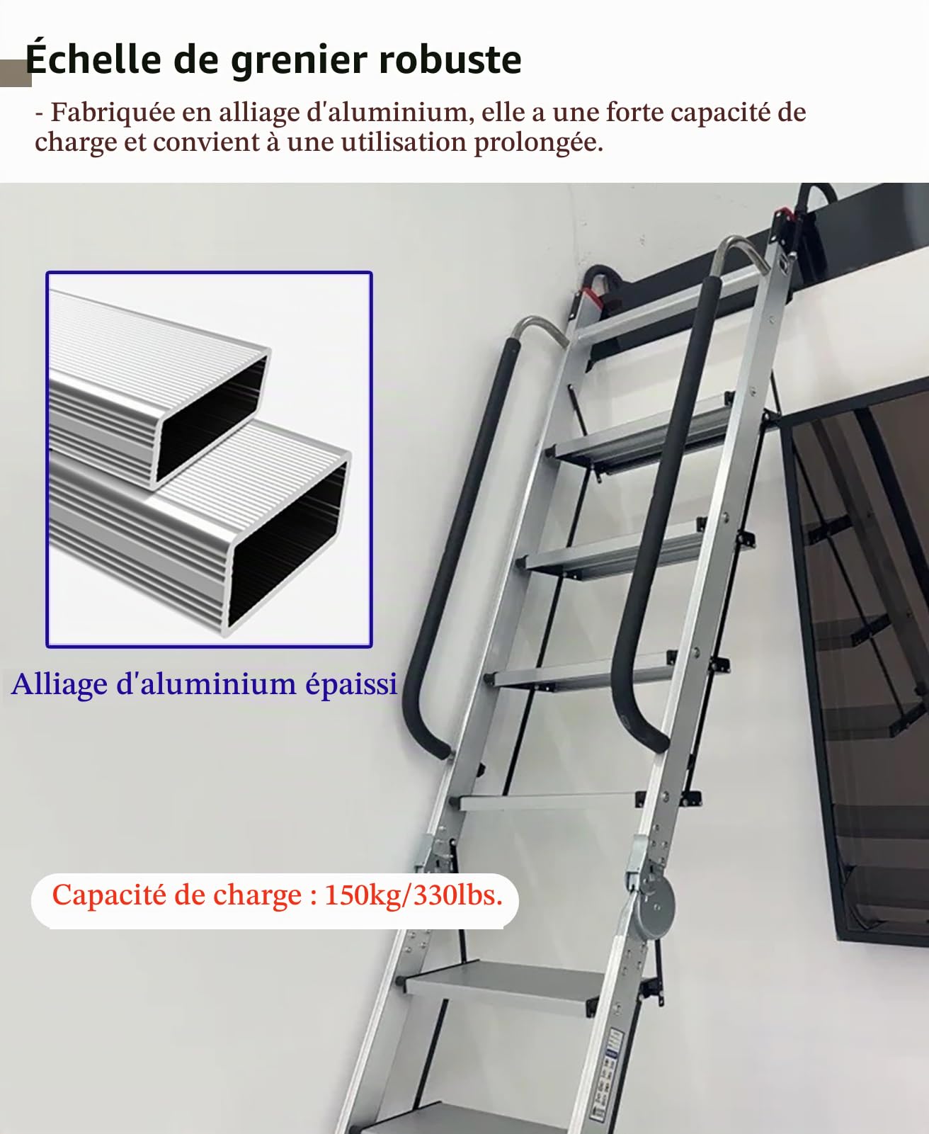 Echelle de Grenier Échelle en Métal Noir pour Grenier, Échelle de Sortie de Grenier Pliable avec Poignées et Crochets de Sécurité, Escalier de Grenier en Aluminium, Monter les Escaliers Facilement(10
