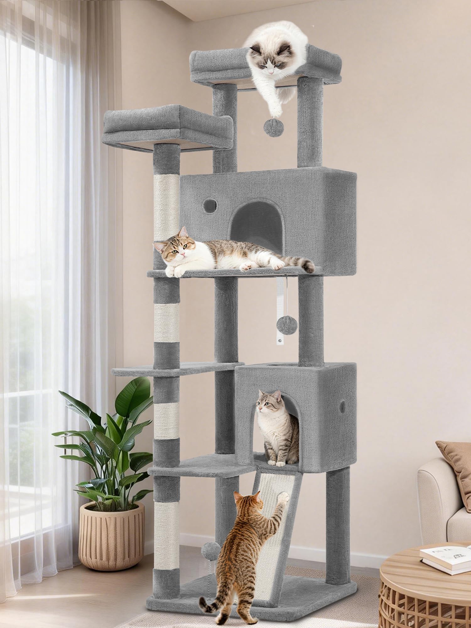 Fobyfurny Kratzbaum 178 cm, Katzenbaum Groß, Kratzbaum Große Katzen Stabil mit Kratzsäulen, Kratzbrett, 2 Bequemen Katzenhöhlen, 2 Oberplattformen, Seitenruheplattform, Pompons, Hellgrau FPMS005FG1