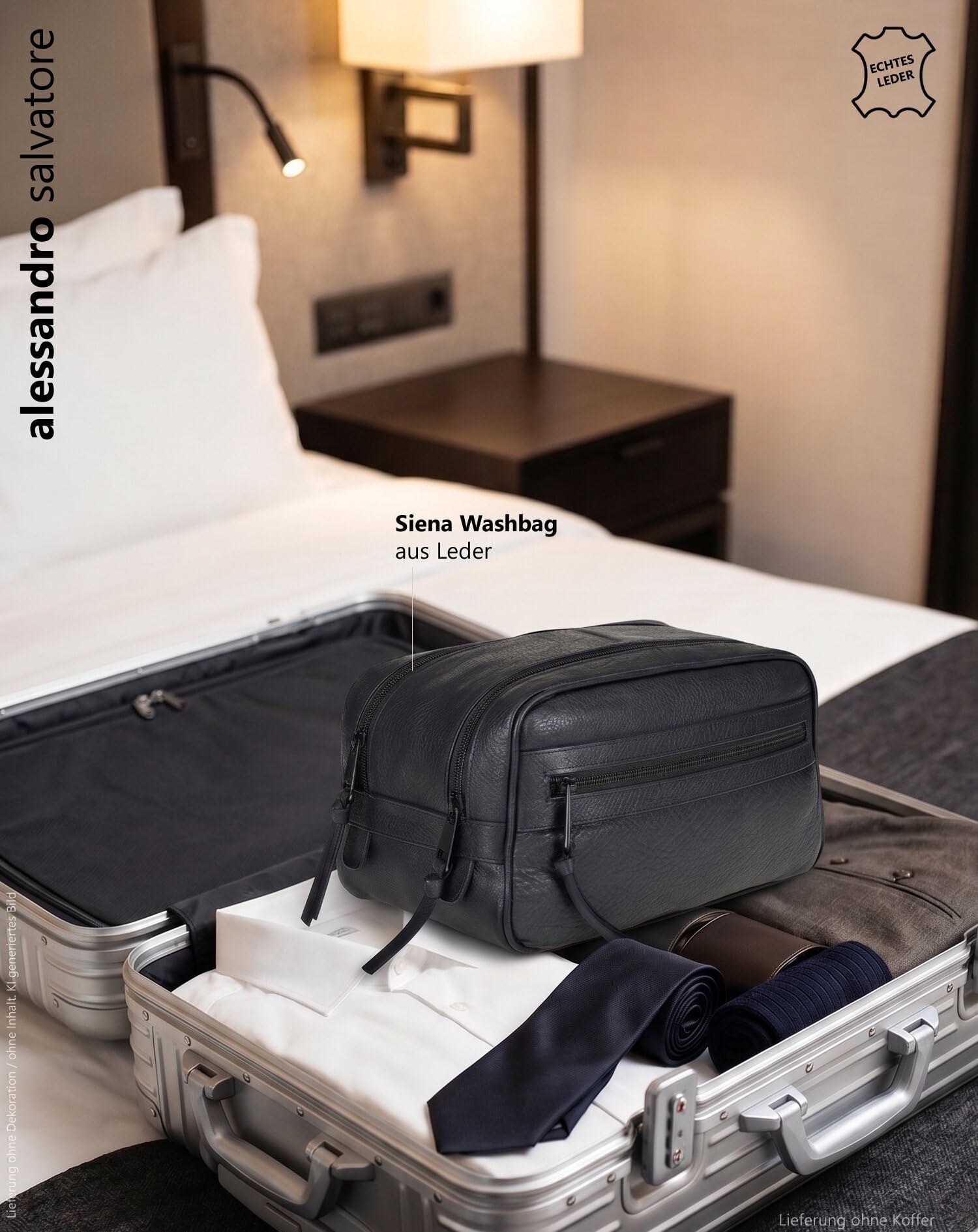 Kulturbeutel Leder Kulturtasche Washbag Sauna Siena 12977 Schwarz 1 +b