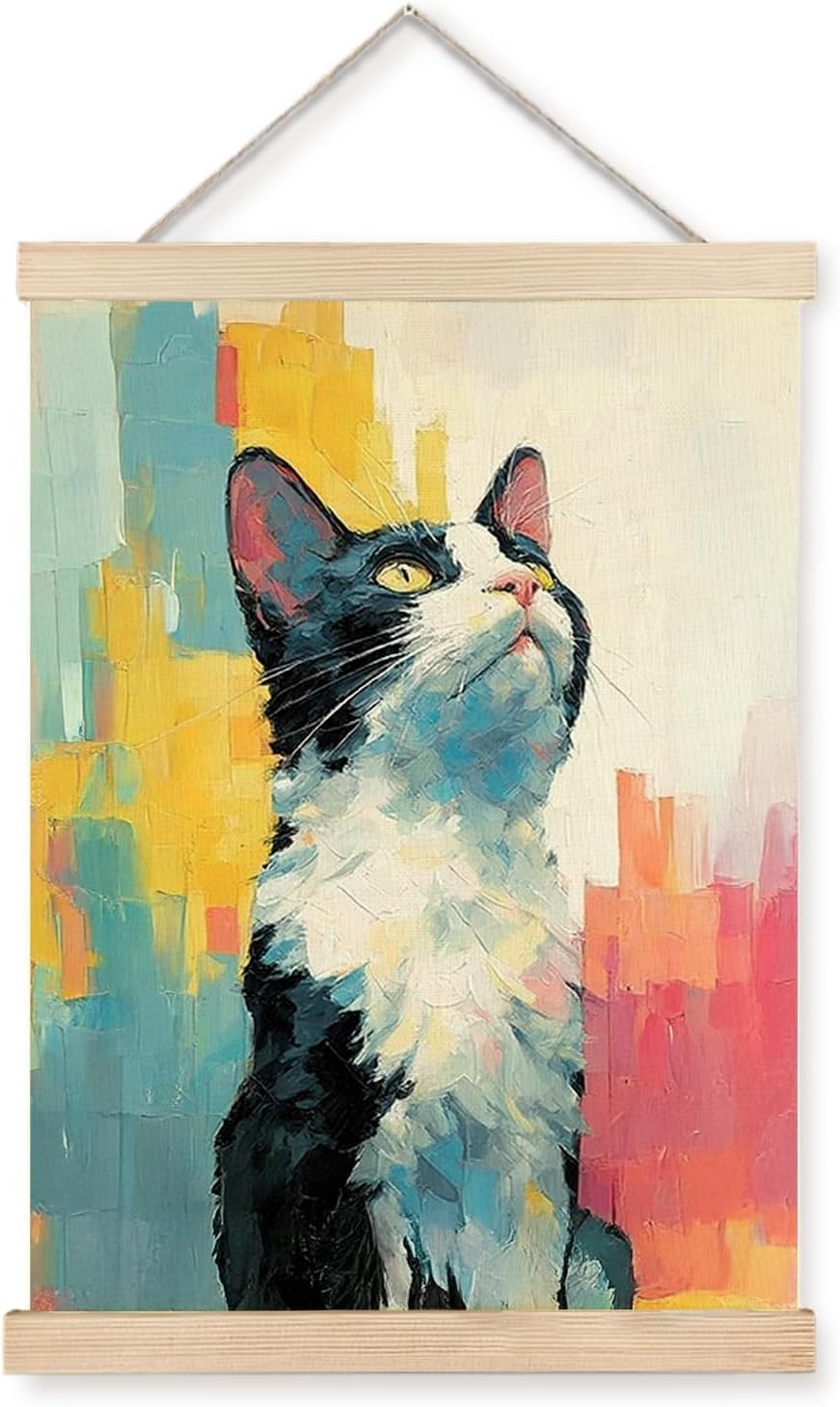 bitCNY Colorful Cat Wall Art – 12x16 Inch Bright Abstract Tuxedo Canvas Print, Modern Pet Painting for Cat Lovers & Kids’ Room