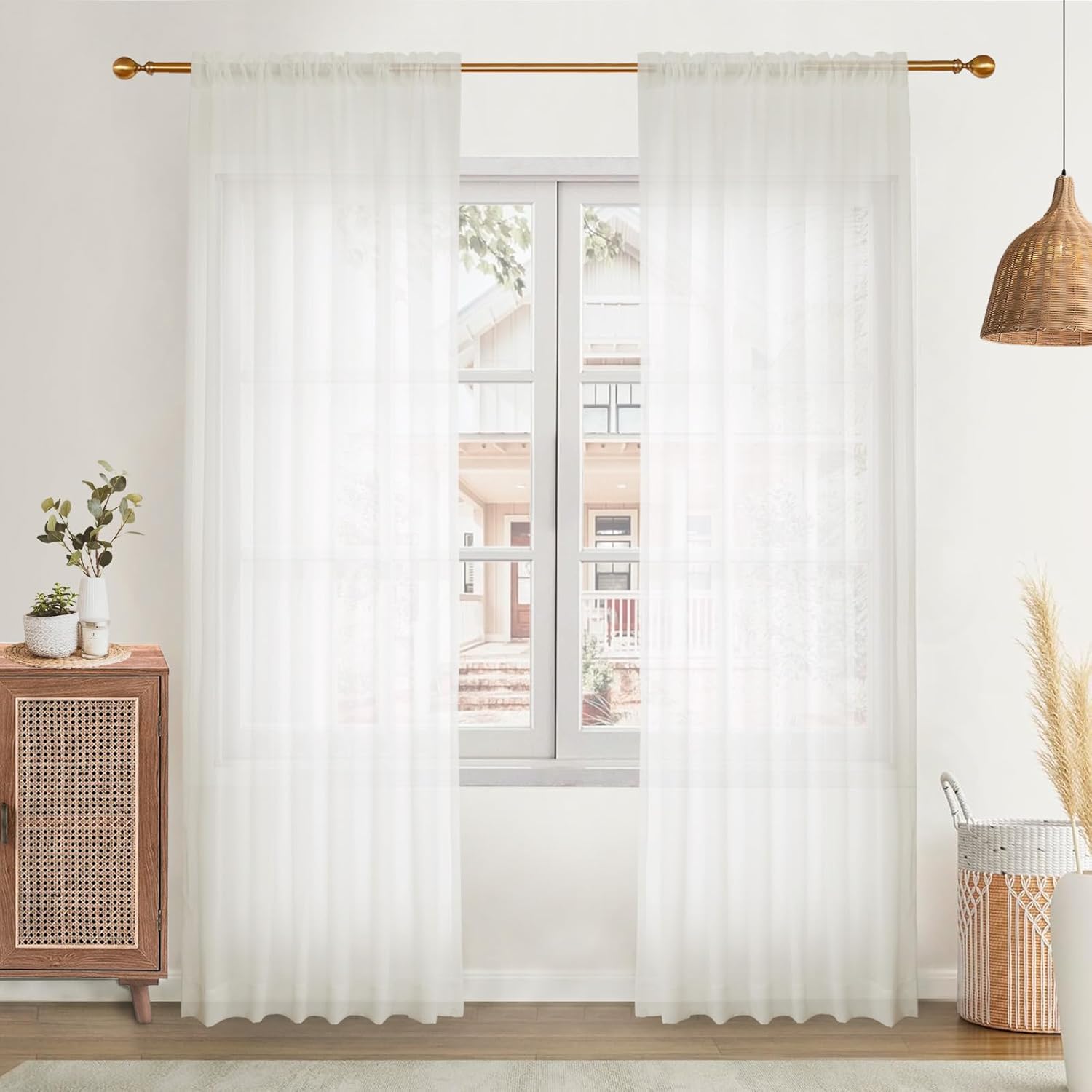 Rod Pocket Curtain 88 inches Long Light Filtering Privacy Window Curtain Panel for Sliding Door, 52W x 88L, Cream White, 1 Panel