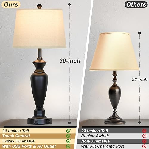 Miniatura 3 de Lámpara de mesa negra de 30 pulgadas de alto, lámpara de noche de control táctil regulable de 3 vías con USB A+C y salida de CA para dormitorio,