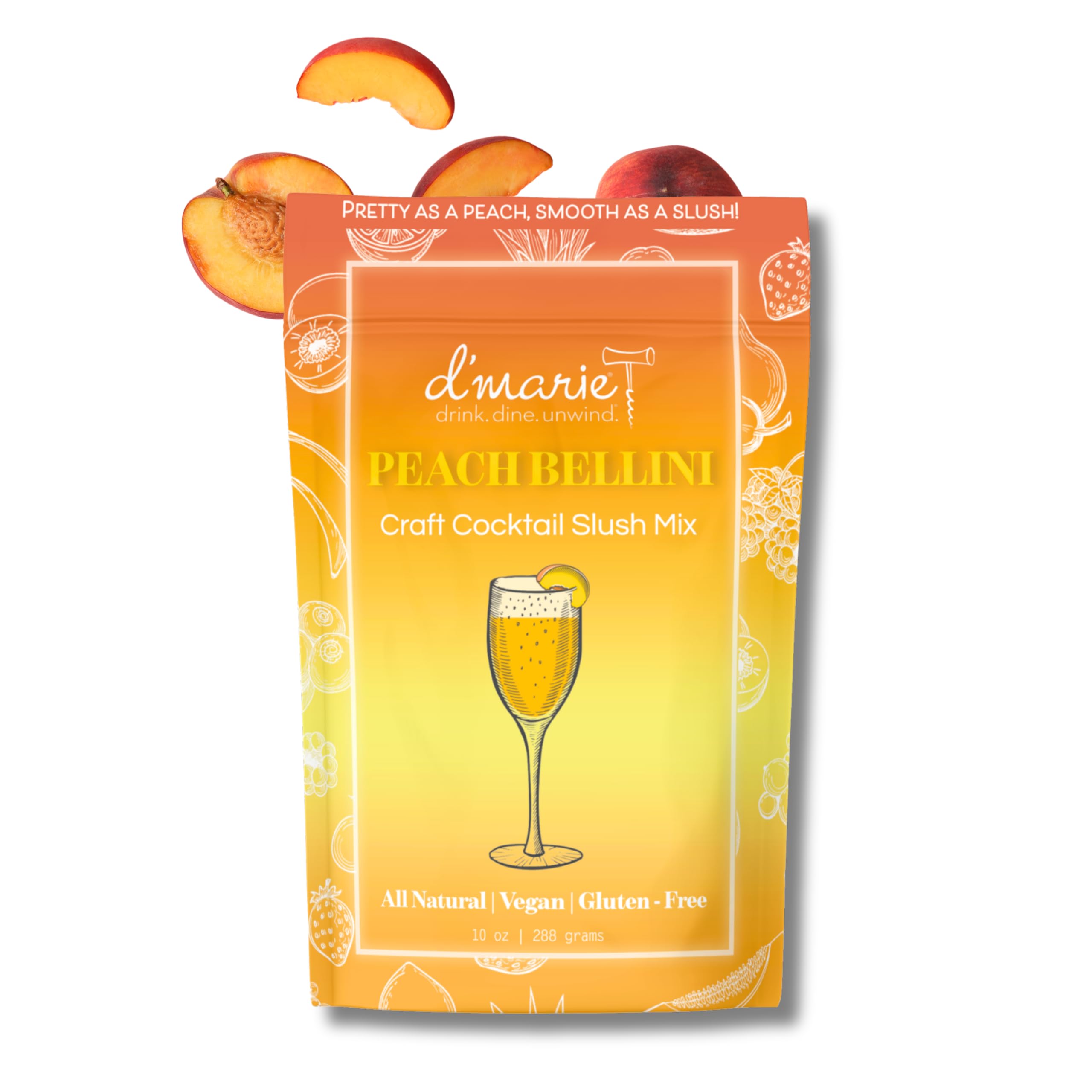 Frozen Cocktail Drink Mix - Makes 10 Peach Bellini Slushies - Drink Powder Pouches for Alcohol - All Natural Low Sugar Mixer, No Blender Needed
