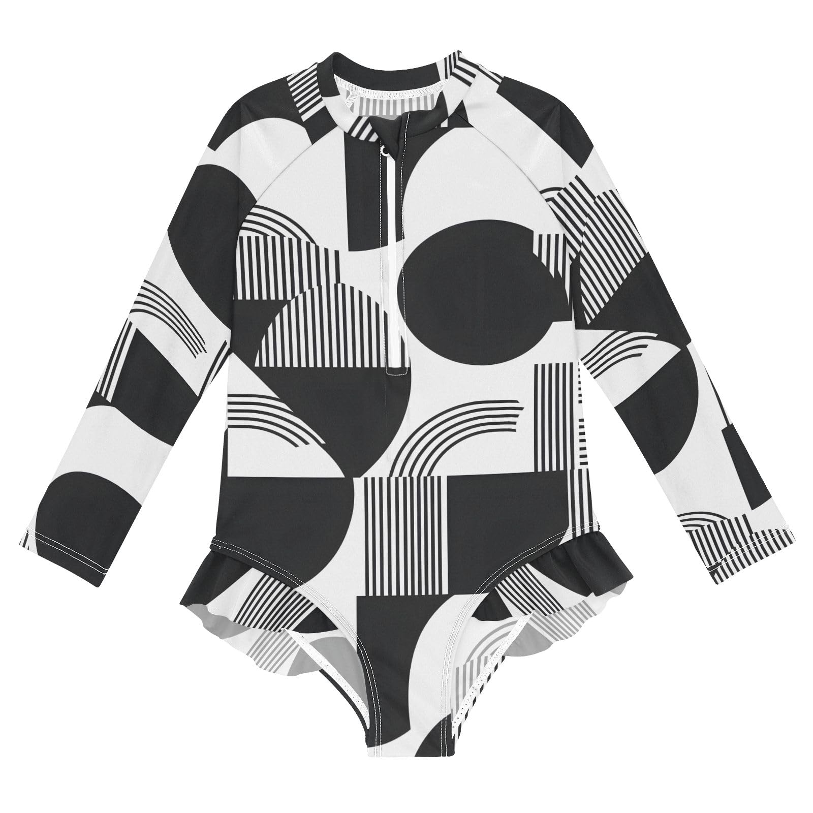 ALAZA Swimsuit for Girls Long Sleeve Rashguard Bathing Suit Black White Line Quick Dry 4T