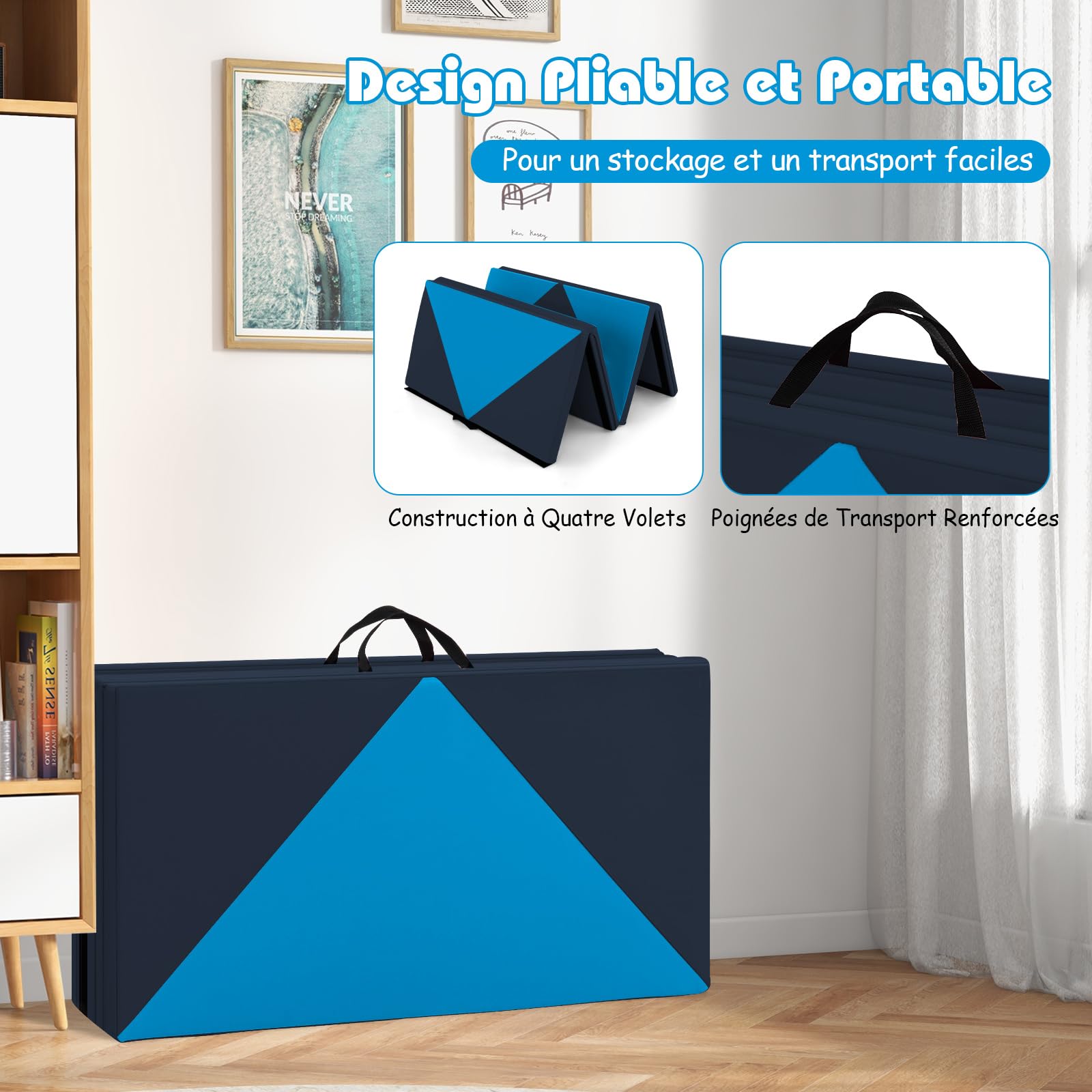 GOPLUS Tapis de Gym Pliable, 240x117x5CM, 4 Plis & Poignée Latérales pour Transport, Tapis Gymnastique en Cuir Imperméable, Attaches Auto-agrippantes pour Gym, Yoga, Fitness