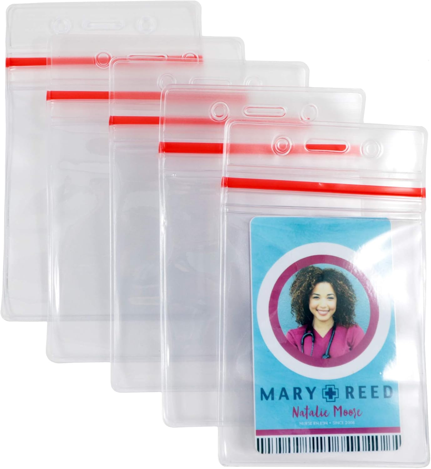 ID Badge Holder with Sealable Red Stripe, Horizontal, Vertical, 50 Pack (Vertical)
