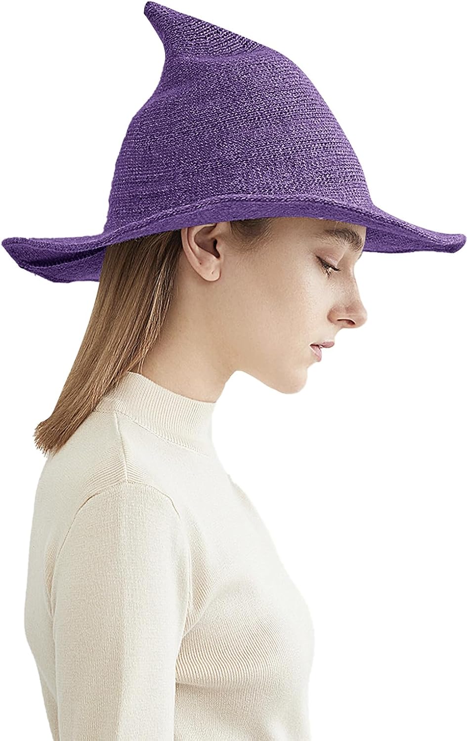 BXT Halloween Knitted Wool Wizard Hat Foldable Wide Brim Pointed Witches Cap for Party Masquerade Cosplay Dress-up Costume