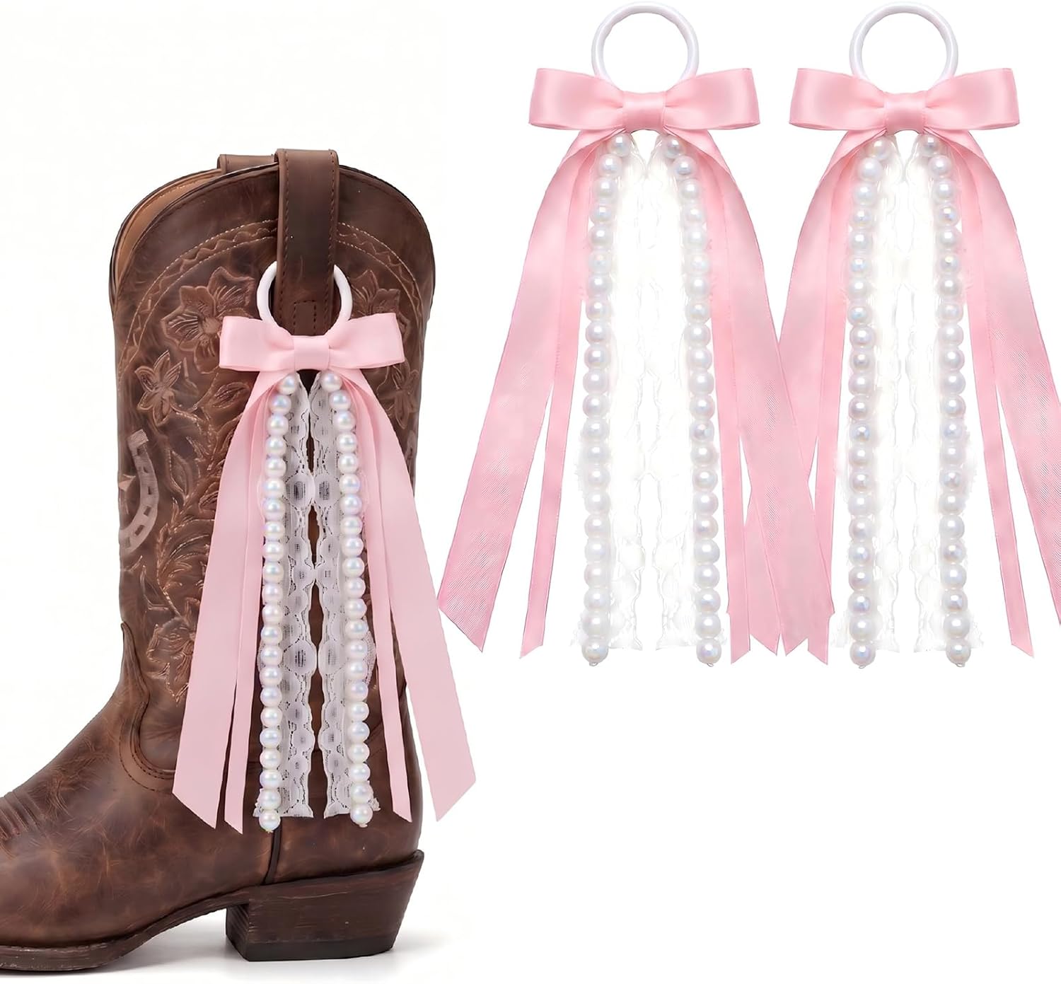 Pink Ribbon Bow Boot Bows for Cowgirl Boots, Pink Satin Ribbons with Glitter Pearl Lace Buffalo Plaid Boot Bows Holiday Birthday School Accessory Decor Pink Pearl