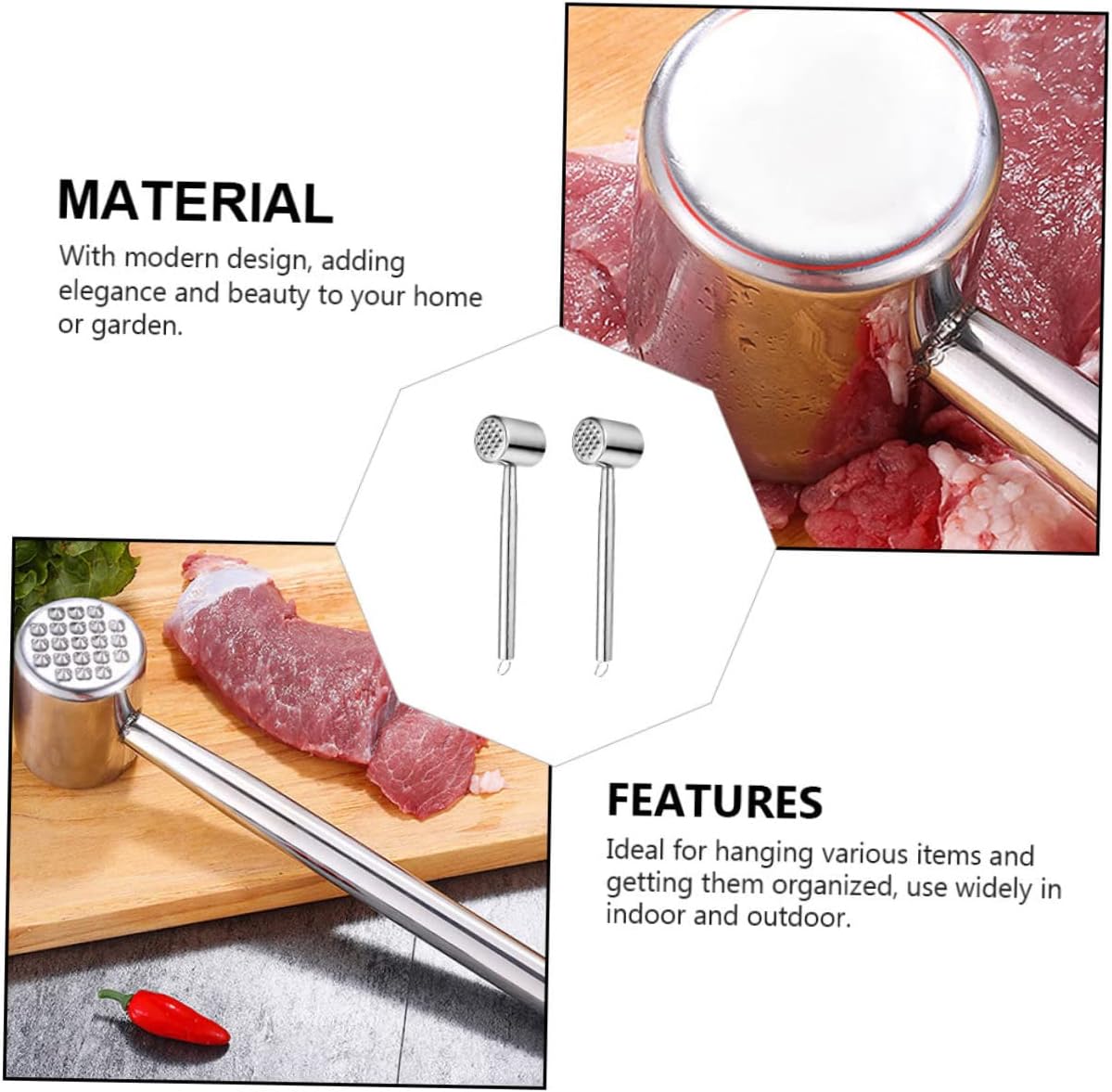 2pcs Stainless Steel Meat Tenderizer Hammers Heavy Duty Kitchen Tools for Steak Pork and Beef for Home Cooking Restaurants and Hotels Easy to Clean and Use