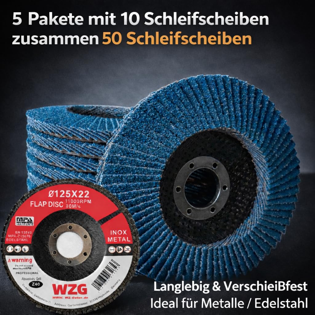 50 Stück Fächerscheiben INOX 125 mm K40 Schleifscheiben Edelstahl Blau