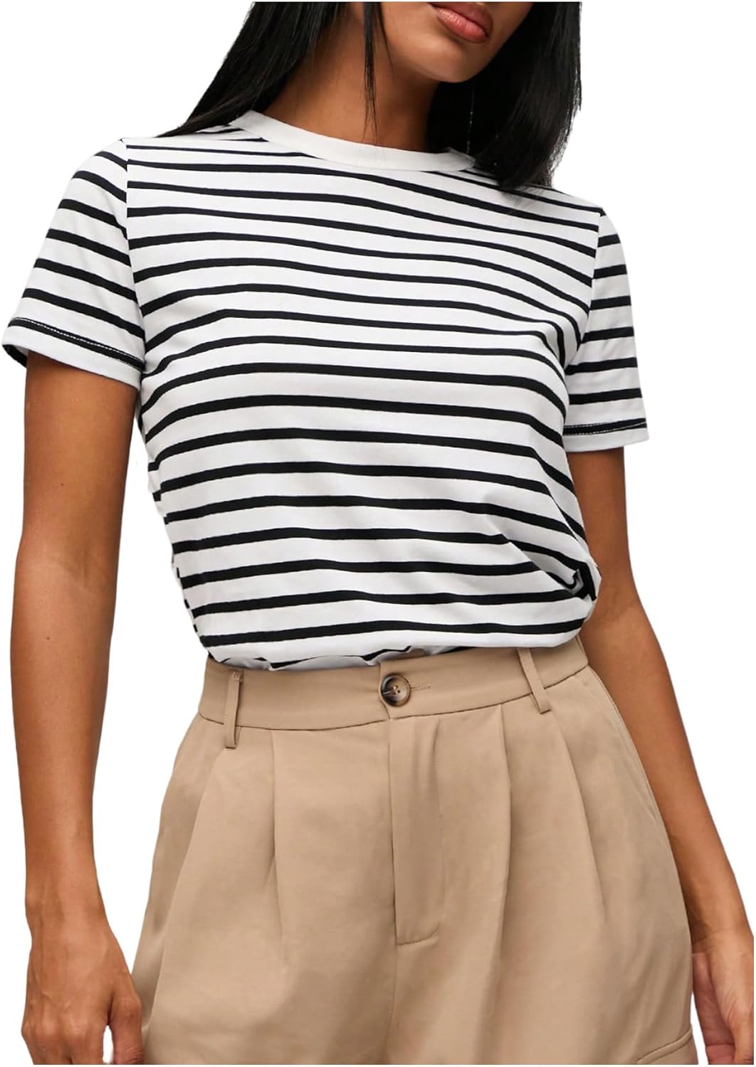 SweatyRocks Women's Striped Short Sleeve Tee Shirts Casual Crew Neck Tees Streetwear