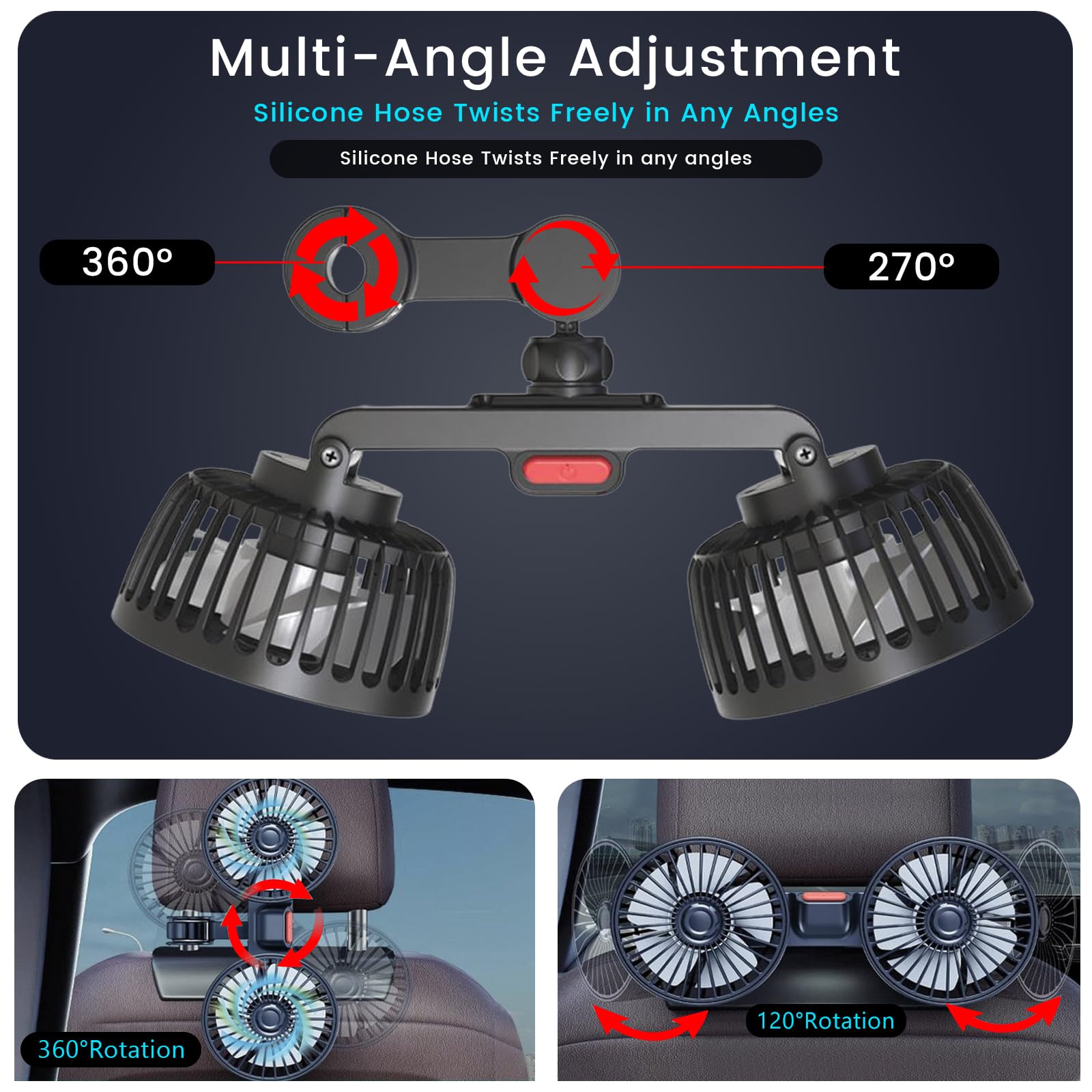 Ventiladores de refrigeración USB para asiento trasero, ventilador de coche de doble cabeza para niños, ventiladores giratorios de 360 grados, 3 velocidades, ultra silencioso, potente