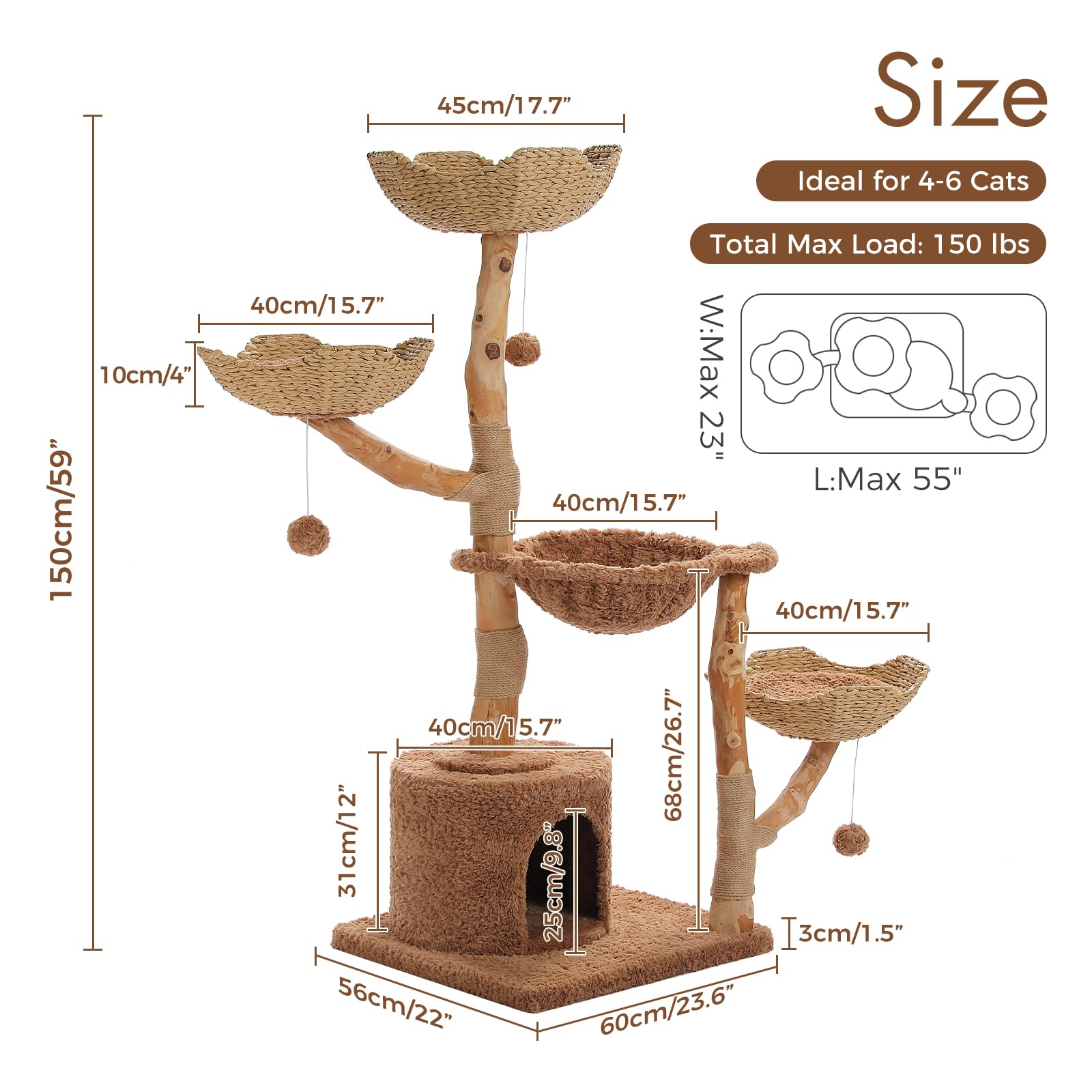 PAWZ Road Cat Tree for Indoor Cats Large Adults, 59 Inches Modern Cat Tower with 3 Large Baskets, Natural Solid Wood, Luxury Condo and Hammock, Modern Furniture for Big Cats, Brown - image 2