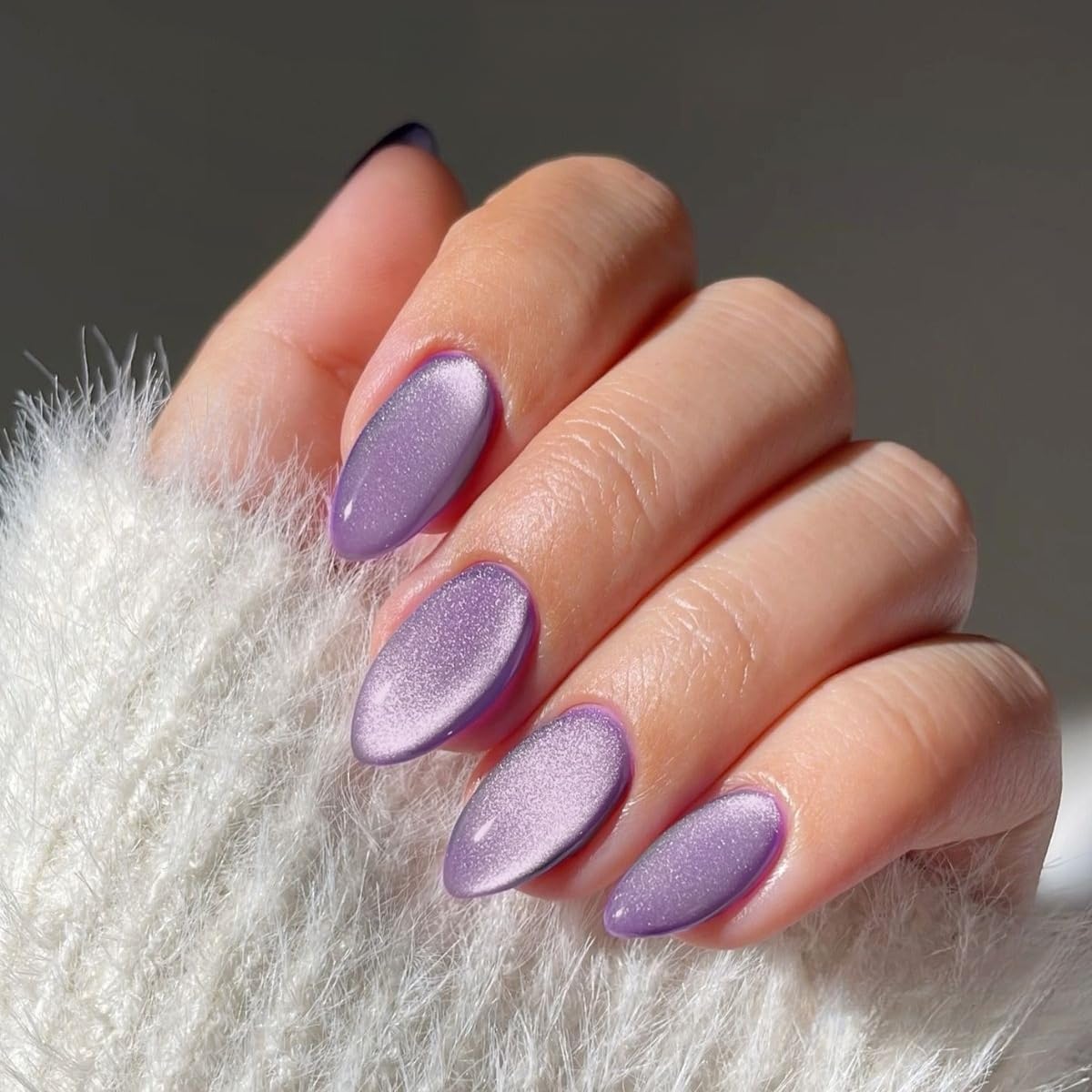 KQueenest Cat Eye Press on Nails Short Almond, Glazed Glitter Lilac False Nails Short Stiletto