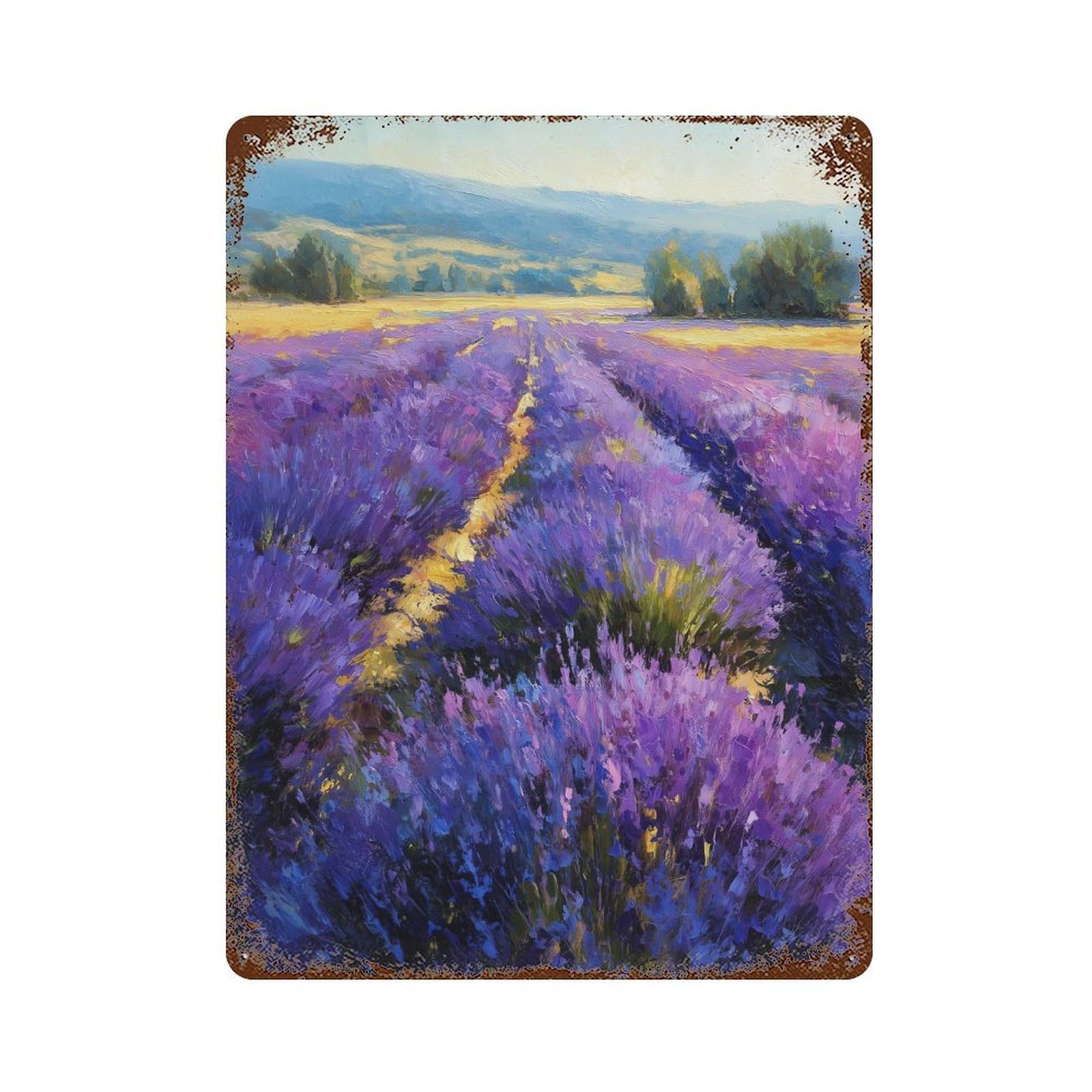 Lavender Field Painting Artwork Rustic Tin Plaque 15.7"x11.8", Ideal for Office, Studio And Wall Decor