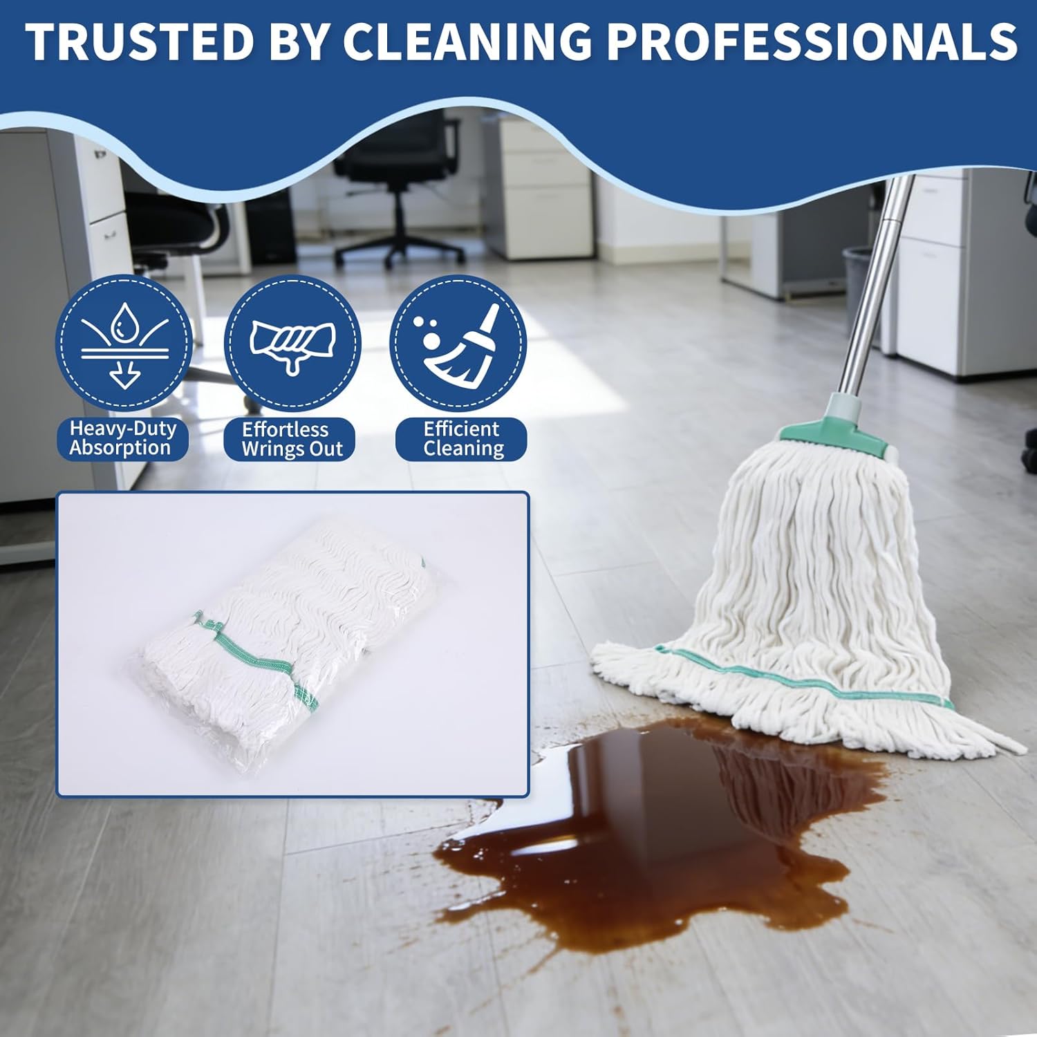 White Commercial Mop Head Replacement , Heavy-Duty Reusable and Washable Loop End Mops for Industrial Floor Cleaning on Hardwood and Concrete (8 Pack)