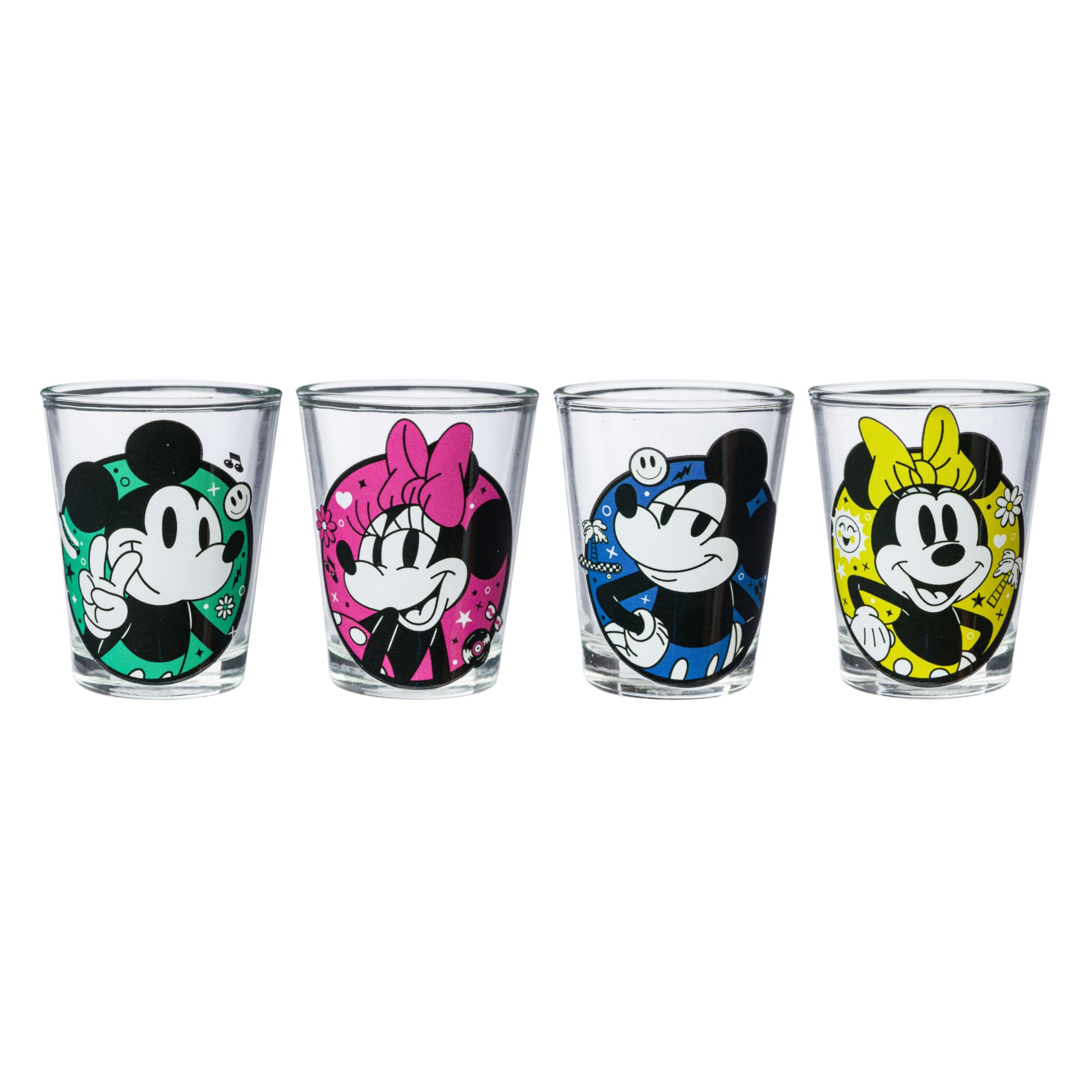 Silver Buffalo Disney Mickey Minnie Mouse, 4 Pack Mini Glass Set, 1.5oz