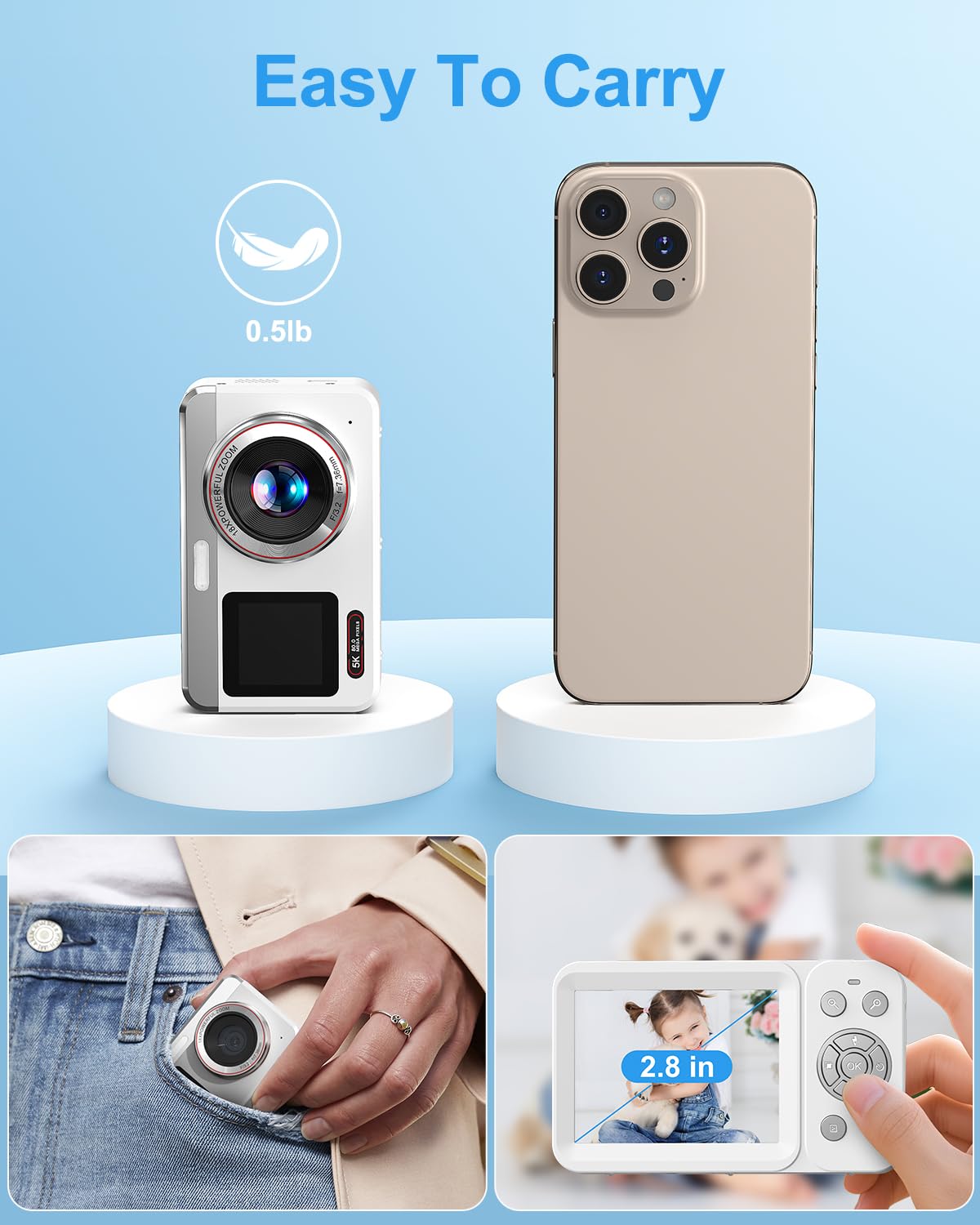 Digital Camera, 5K Vlogging Camera for Photography, 80MP Dual Screen Point and Shoot Digital Camera with Auto Focus, 18X Zoom, Flash, 2 Batteries, 32GB Card for Teens and Adults (White)