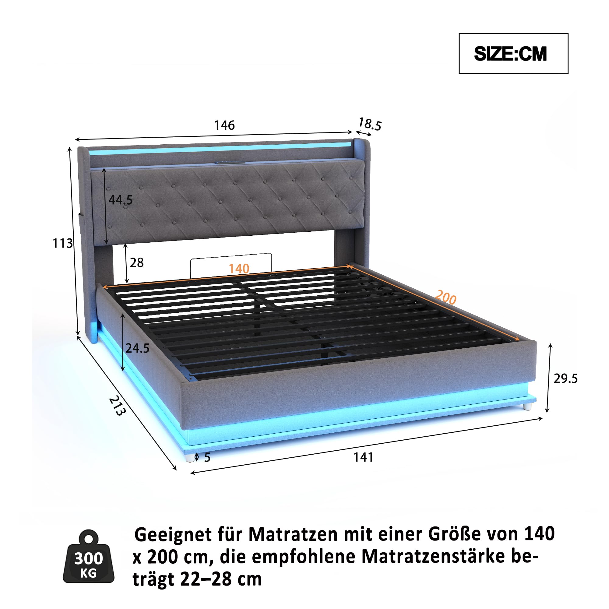 Kayan LED-Polsterbett 140X200 cm, Bett mit Großer Stauraum & Lattenrost, Bettgestell Metall Boxspringbett, Polster Kopfteil mit Regal und USB-Ladeanschluss, Ohne Matratze