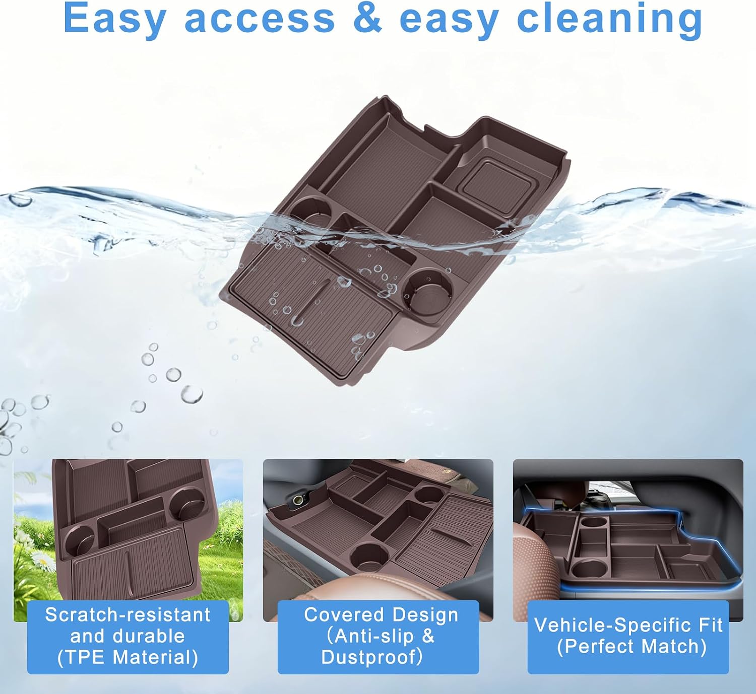 Center Console Tray Organizer for Toyota Sienna 2021-2024 2025 2026 Accessories, Lower Storage Box Insert Tray with Cup Holder (Brown)