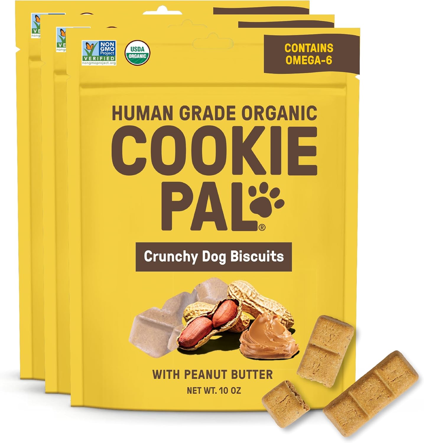 CookiePal Dog Treats, Crunchy Peanut Butter Puppy Training Treats, Human Grade USDA Organic, Natural Dog Biscuits, 10oz (Pk of 3)