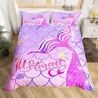 Feelyou Mermaid Fish Scale Bedding Set King Size, Pink Mermaid Scales Comforter Cover Boys Girls Fish Scales Duvet Cover Ocean Life Sea Animal Bed Set Decorative 3Pcs with 2 Pillow Case (No Comforter)