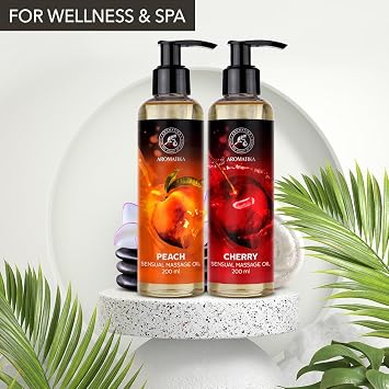 Sensual Massage Oil Set 2x200ml - Peach and Cherry - Edible & Kissable Massage Oil - Blend of Almond & Grapeseed & Macadamia Oils - Body Oil for Him & Her - for Couples - Relaxing Massage Oil