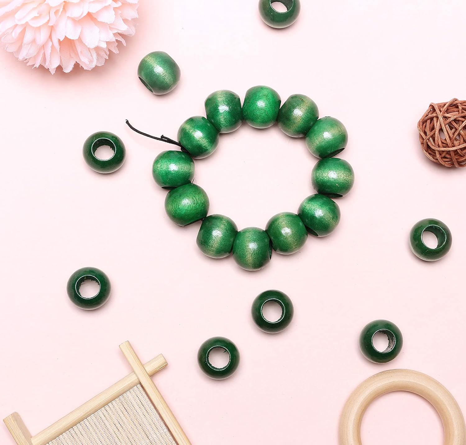 Woodeni Green 18mm Round Loose Beads, 50pcs, Large Hole for Macrame, Vintage Style Home Decor - Image 3