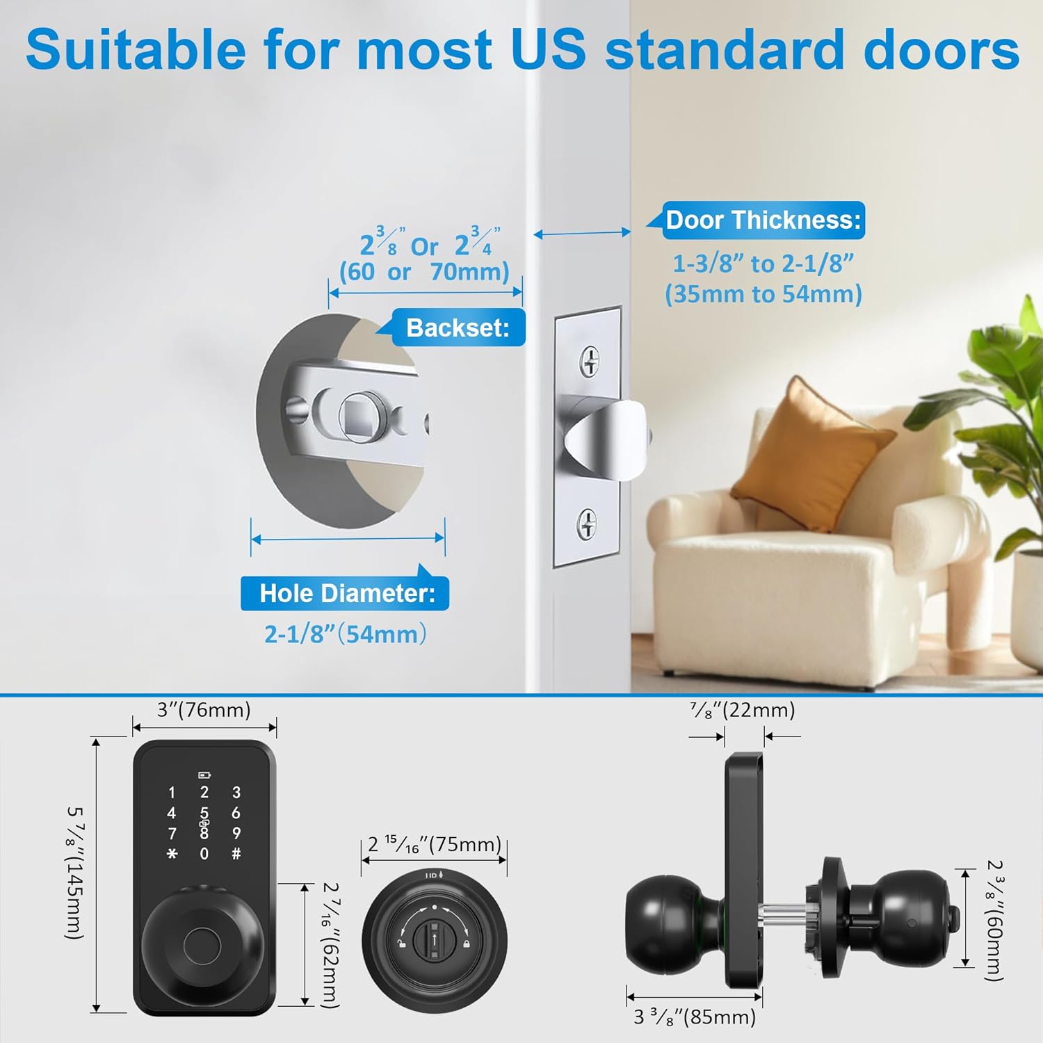 Smart Door Lock with Knob, LinkThai Keyless Entry Fingerprint Lock with Touchscreen Keypad, Electronic Knob Digital Lock for Front Door, Easy Installation