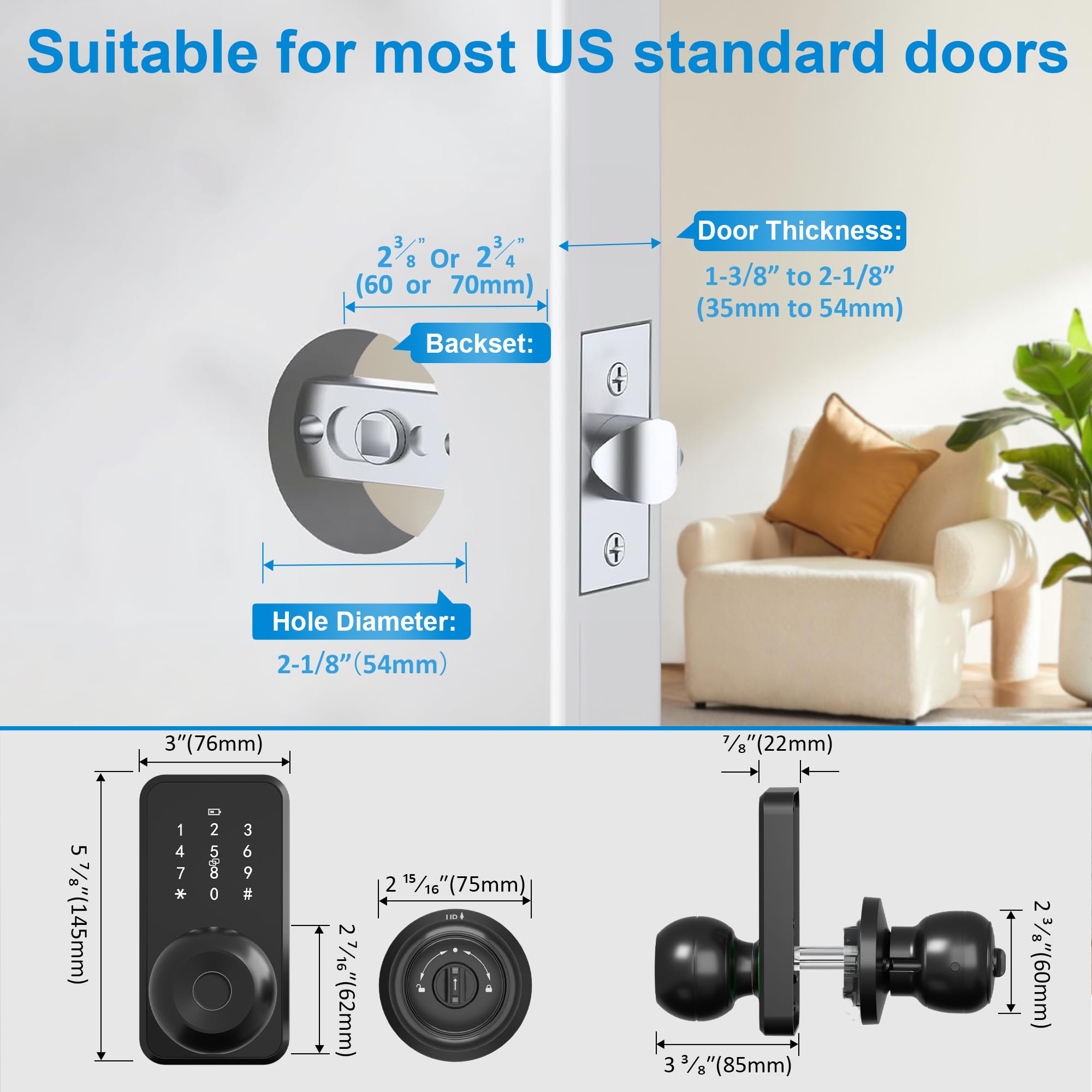 Serrure de porte intelligente avec bouton, serrure à empreintes digitales sans clé avec clavier tactile, bouton électronique pour porte d'entrée, installation facile