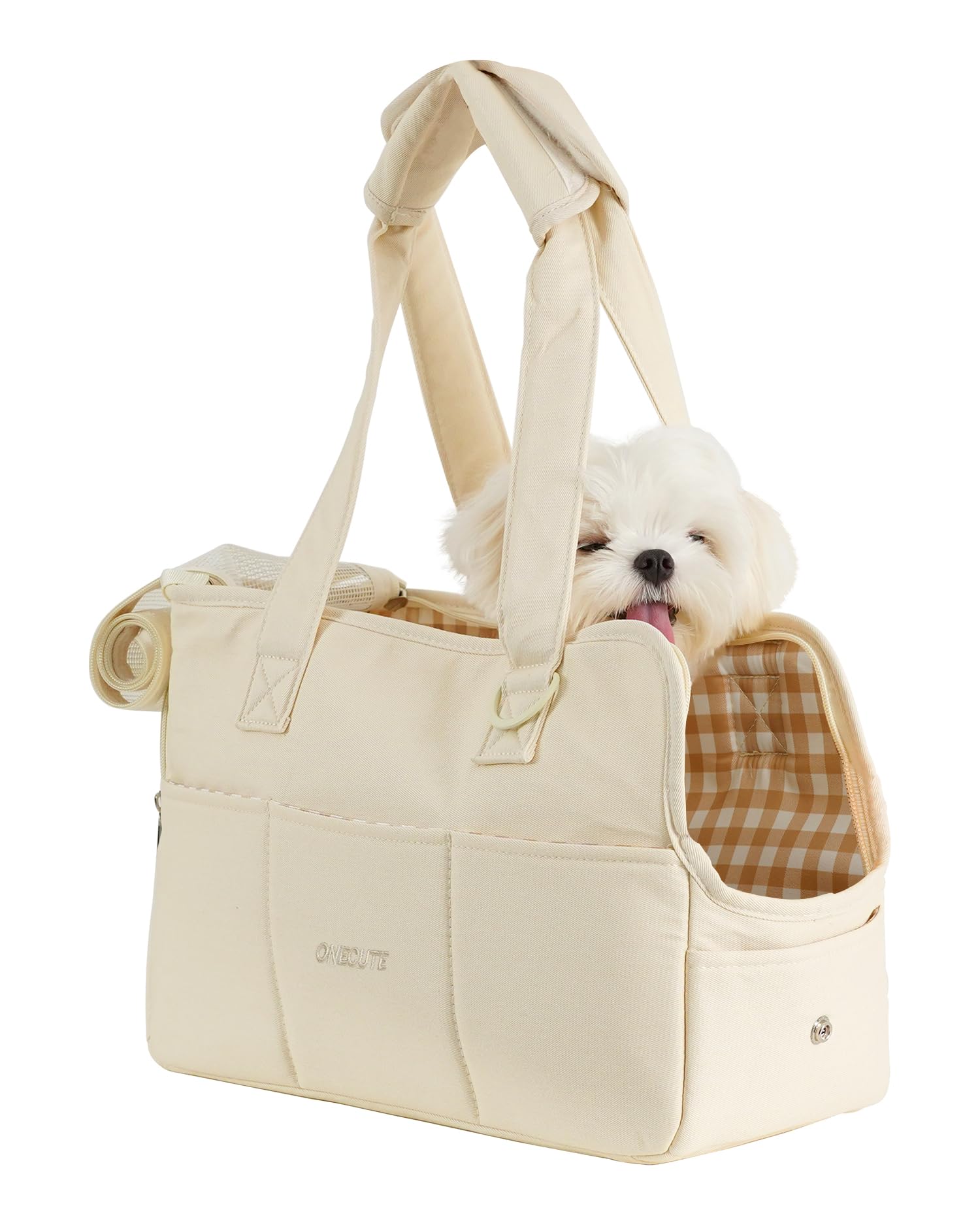 ONECUTE Borsa da trasporto per gatti e cani e cuccioli, traspirante e pieghevole, borsa da viaggio, borsa a tracolla per cani per piccoli animali, capacità di carico fino a 3 kg (piccolo, beige)