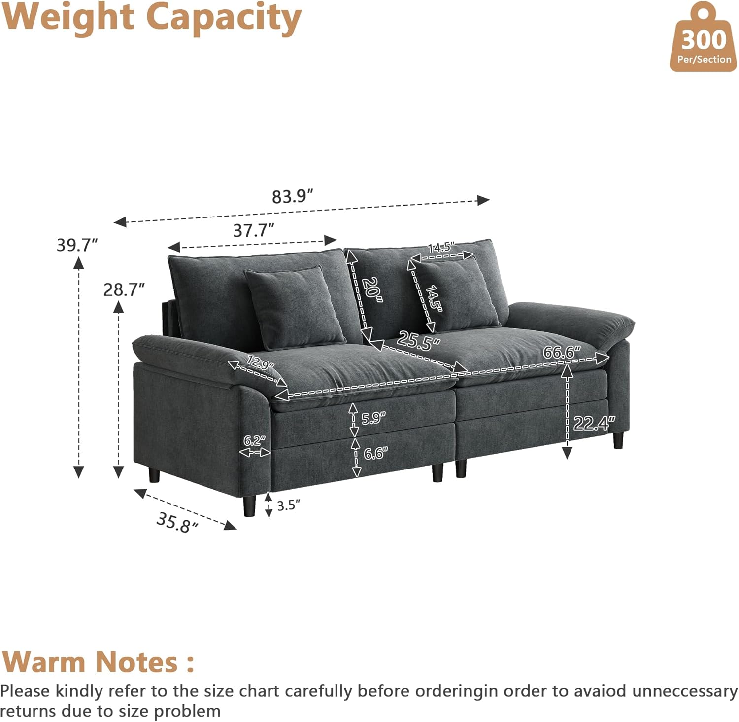 Setawix Modular Sectional Sofa Couch for Living Room,Fluffy Oversized 2 Seater Cloud Sofas with Deep Seat,Modern Chenille Upholstered 2-Seat Loveseat Couch with Pillows (Grey, 2 Seater)