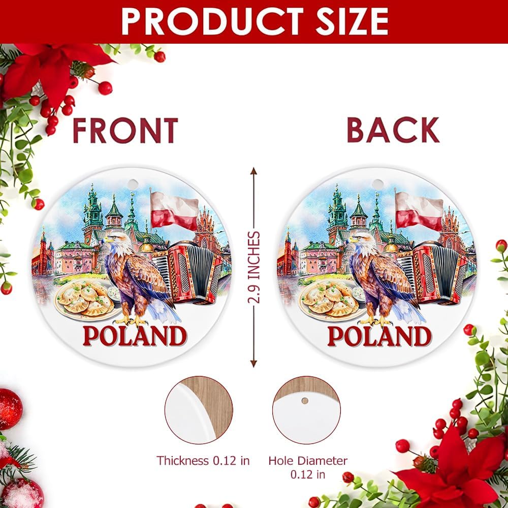 Poland Country Ceramic Ornament - Polish Flag Festive Decor - Round Ceramic Keepsake - Holiday Travel Souvenir Ornament - Polish Eagle, Pierogi, Wawel Castle & Accordion - Image 2